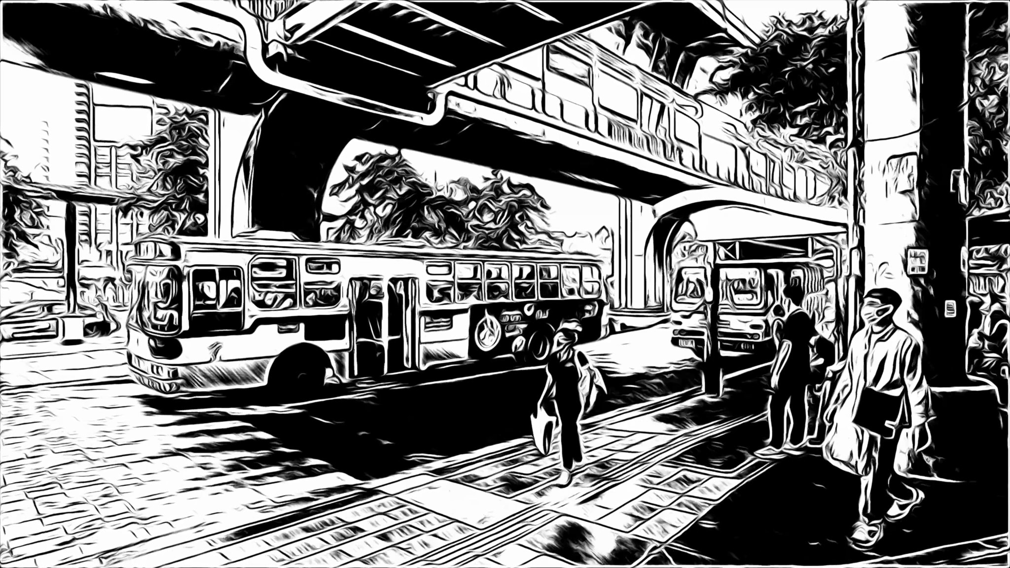 Black and white illustration of a bus station with people waiting for buses.