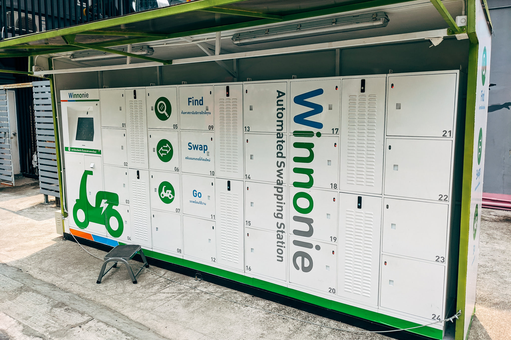 Winnonie automated motorcycle battery swap station with numbered battery compartments.