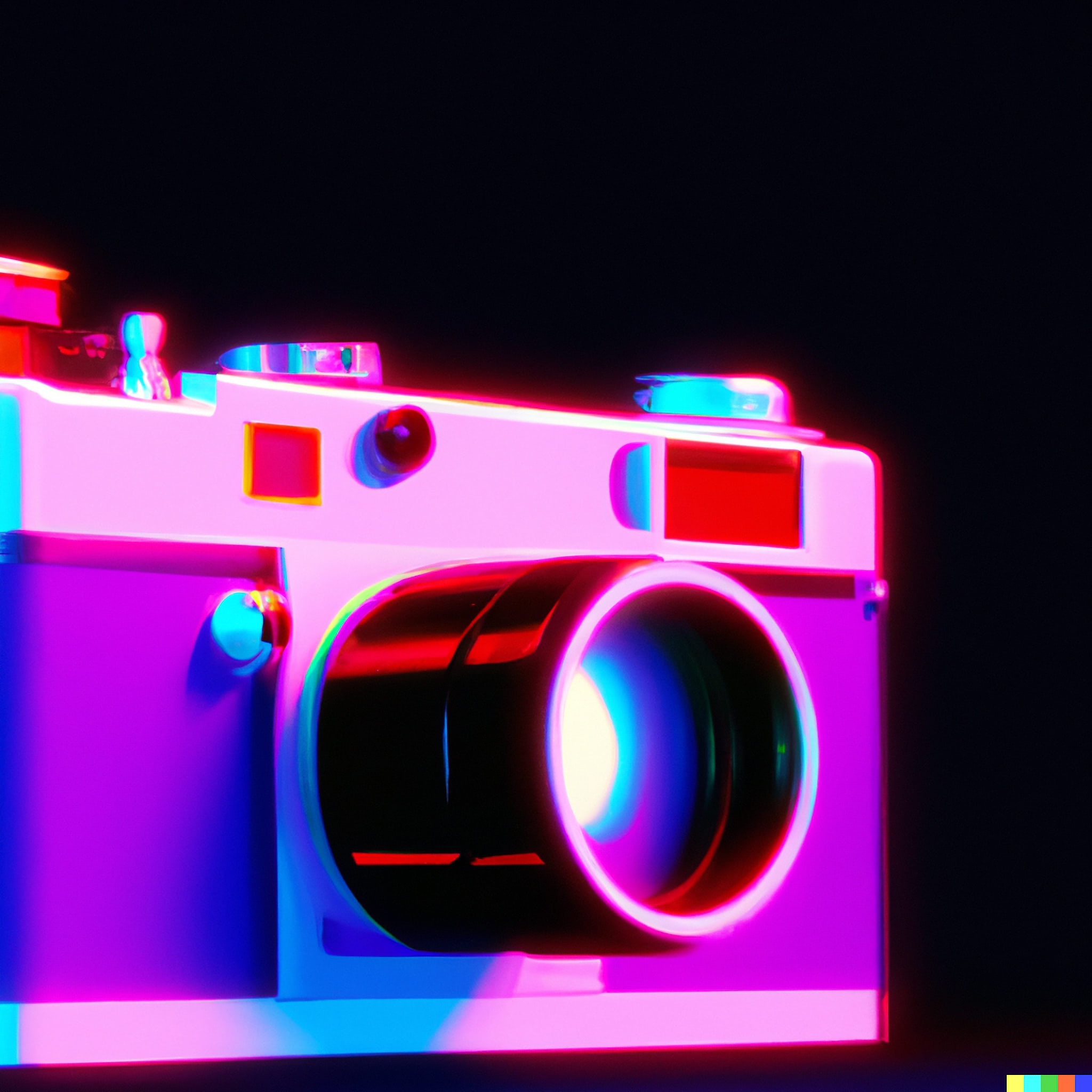 3D render of a vintage film camera in vibrant neon colors.
