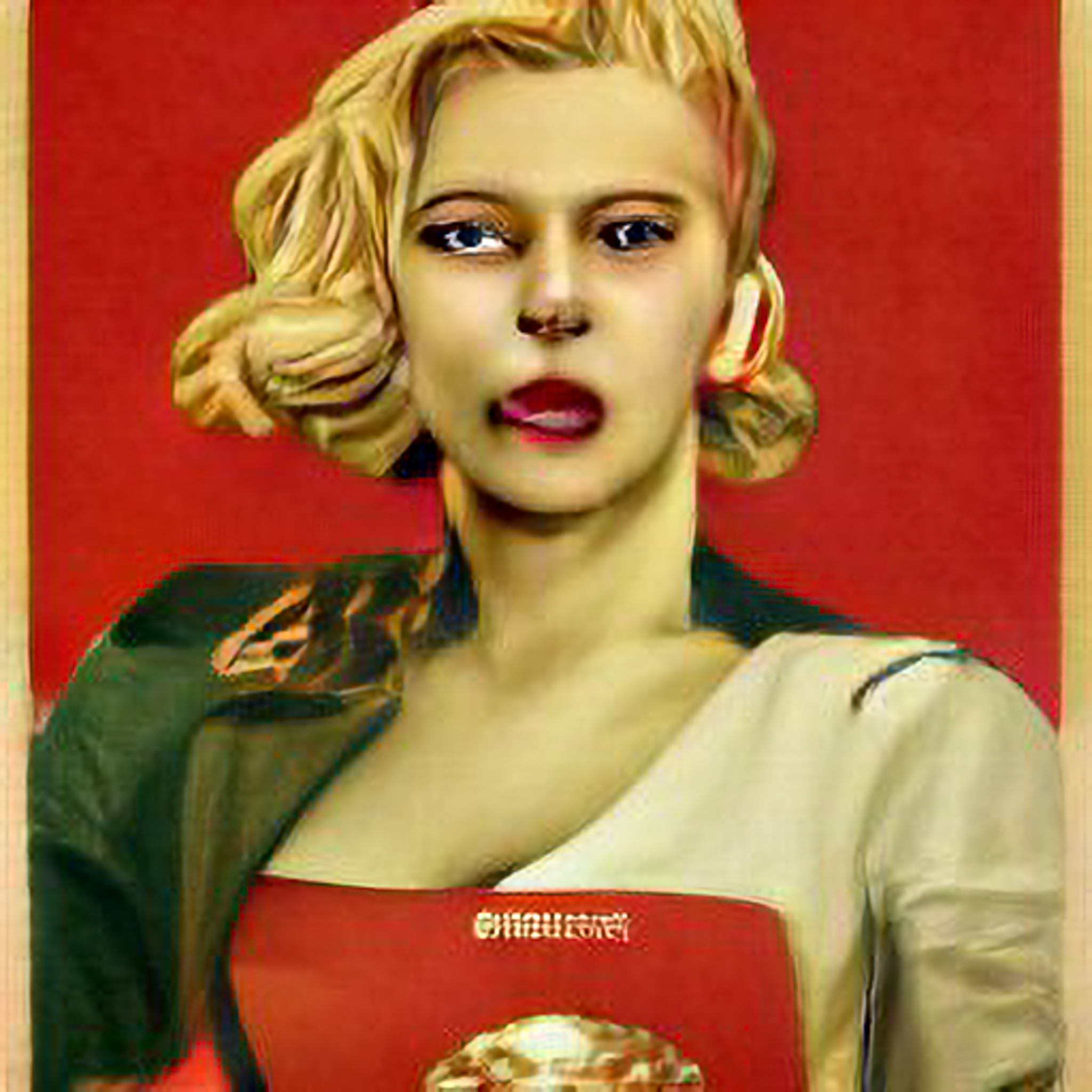 Scarlett Johansson styled in a Soviet-era propaganda poster.