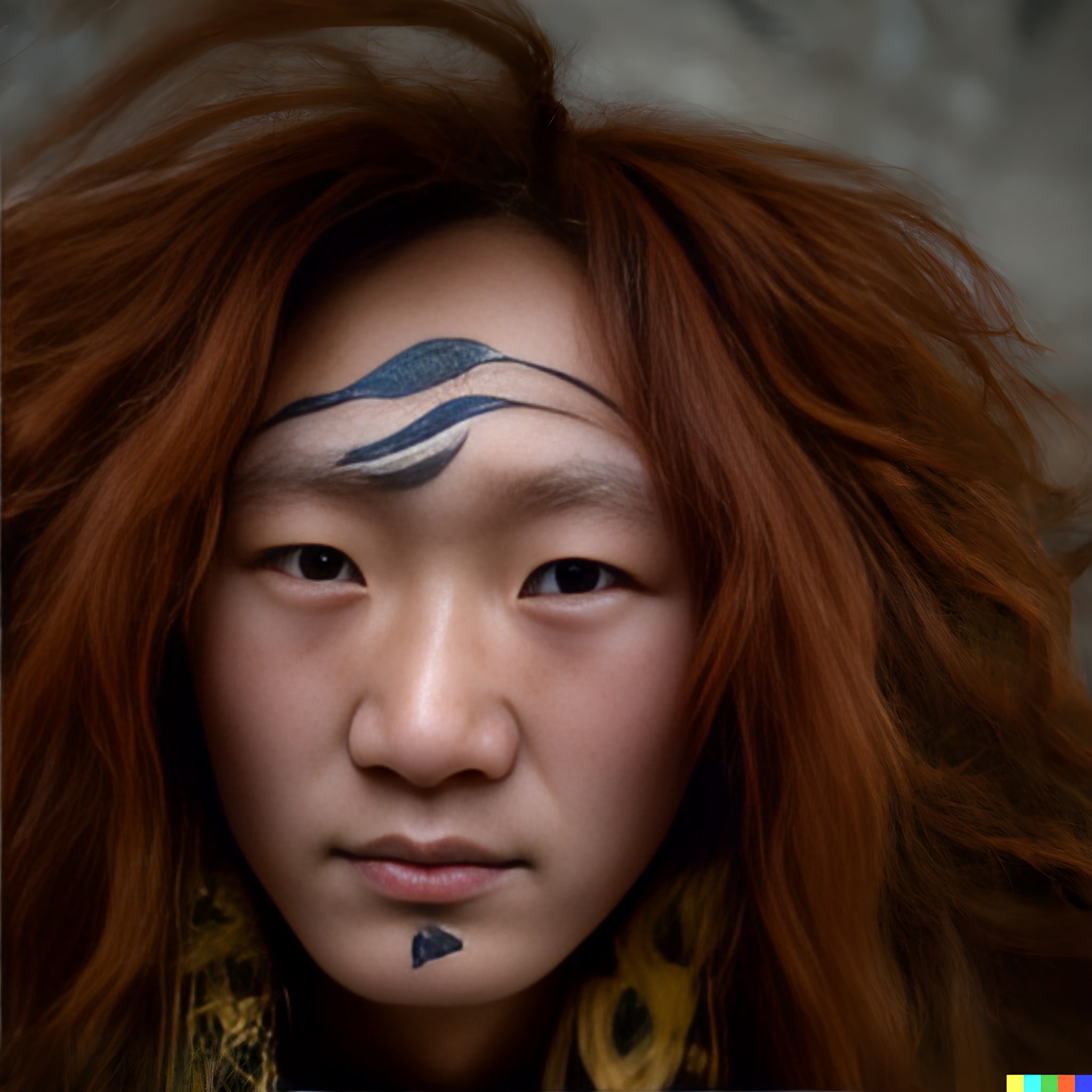 Portrait of a young woman with long, red hair and face paint.