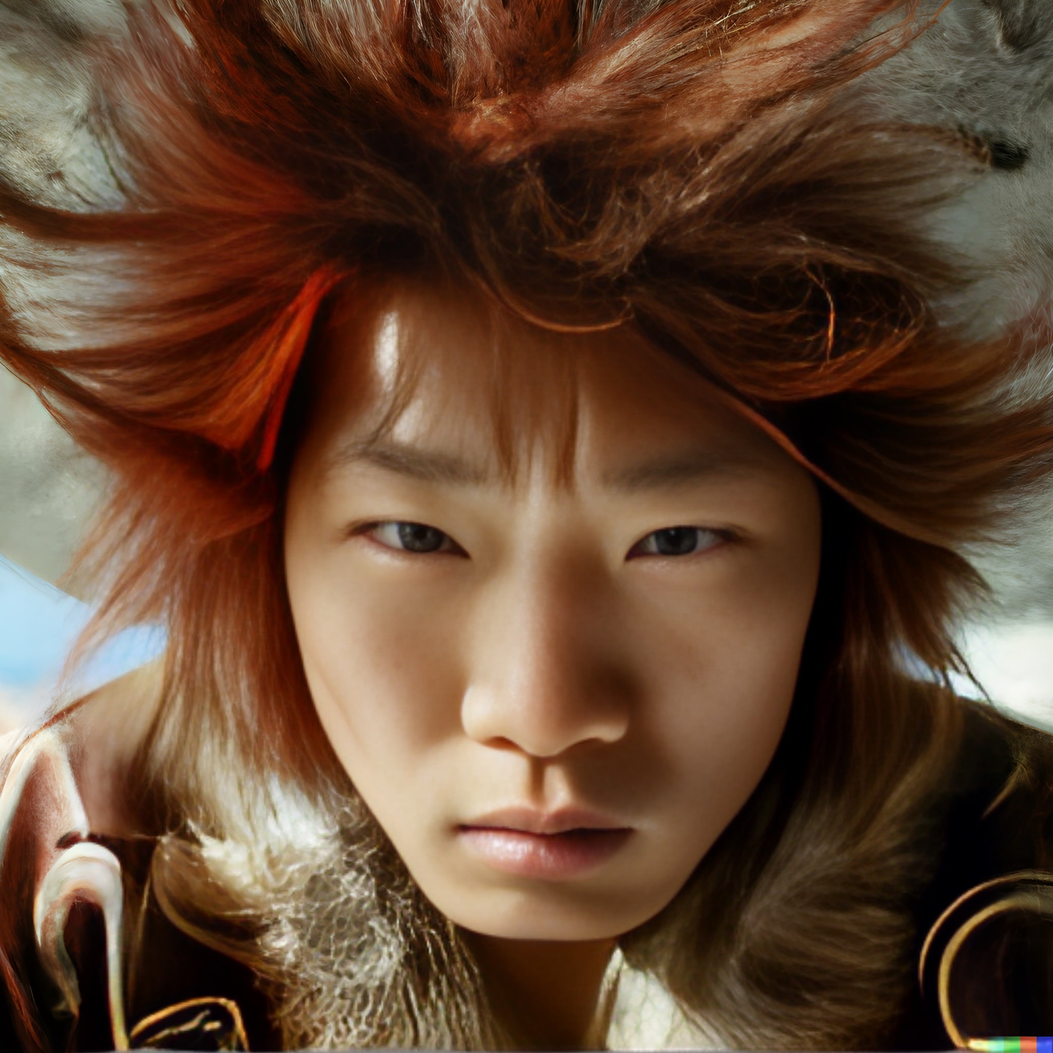 Close-up portrait of a young Mongolian shaman with long, reddish-brown hair.