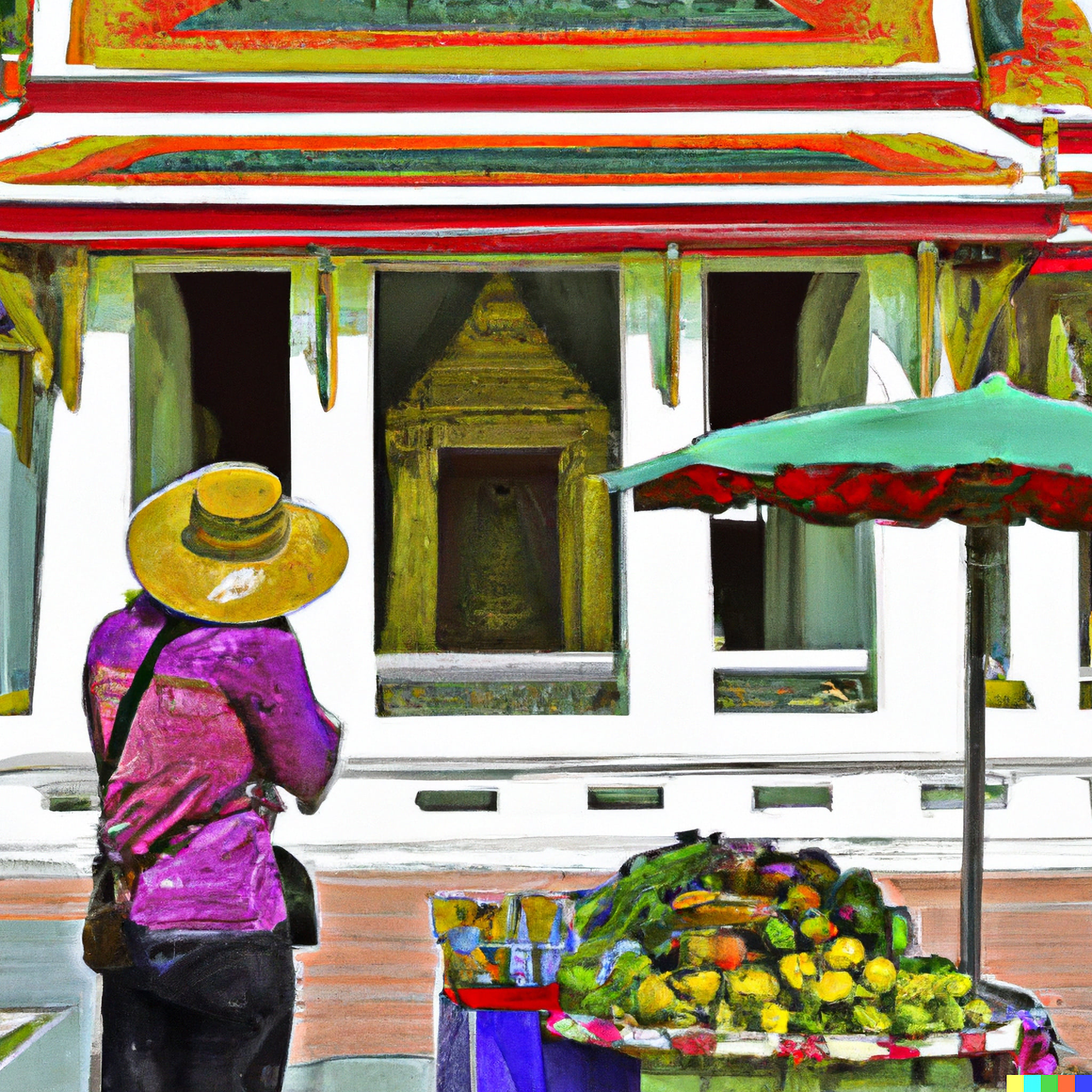 Fruit seller in front of a Thai temple.