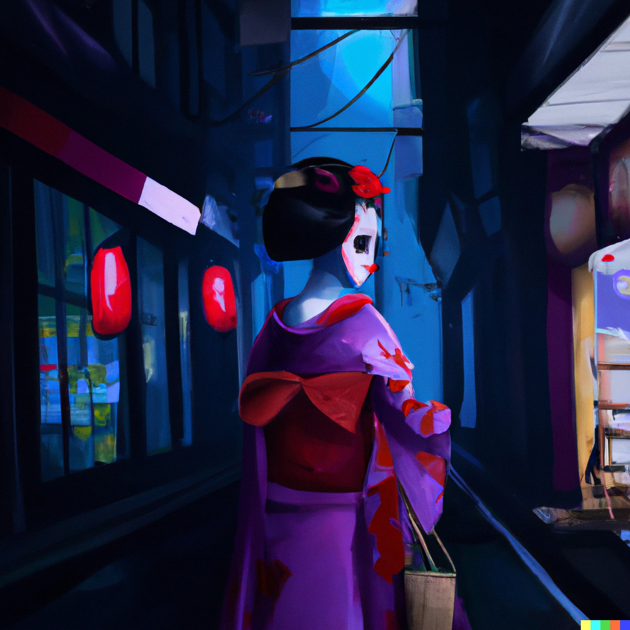Geisha in purple kimono walking away at night in Tokyo.