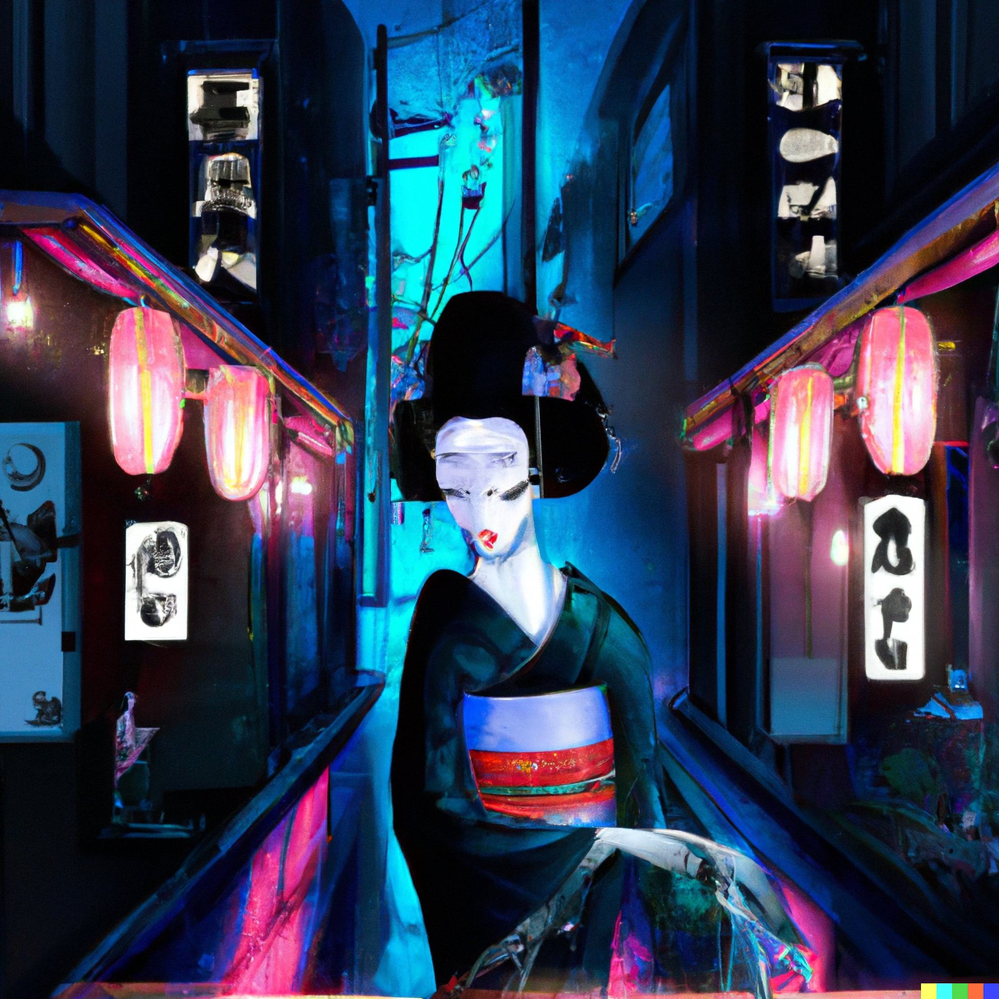 Geisha walking through a neon-lit Tokyo street at night.