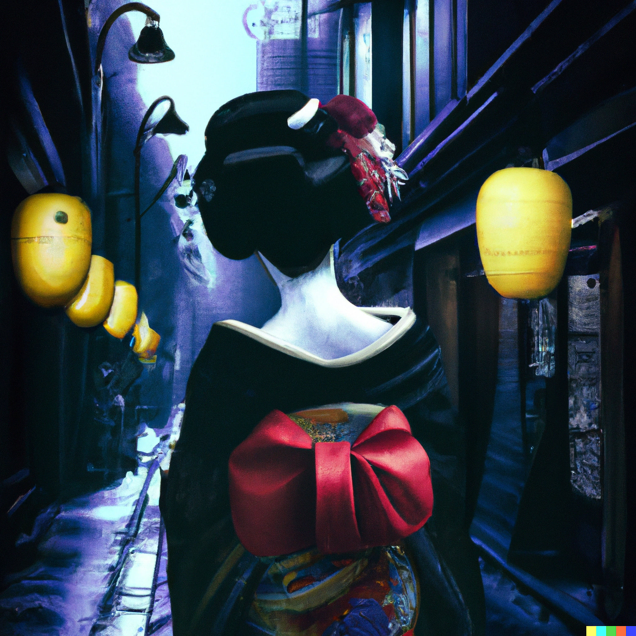 Geisha walking at night in Tokyo, illuminated by neon lights.