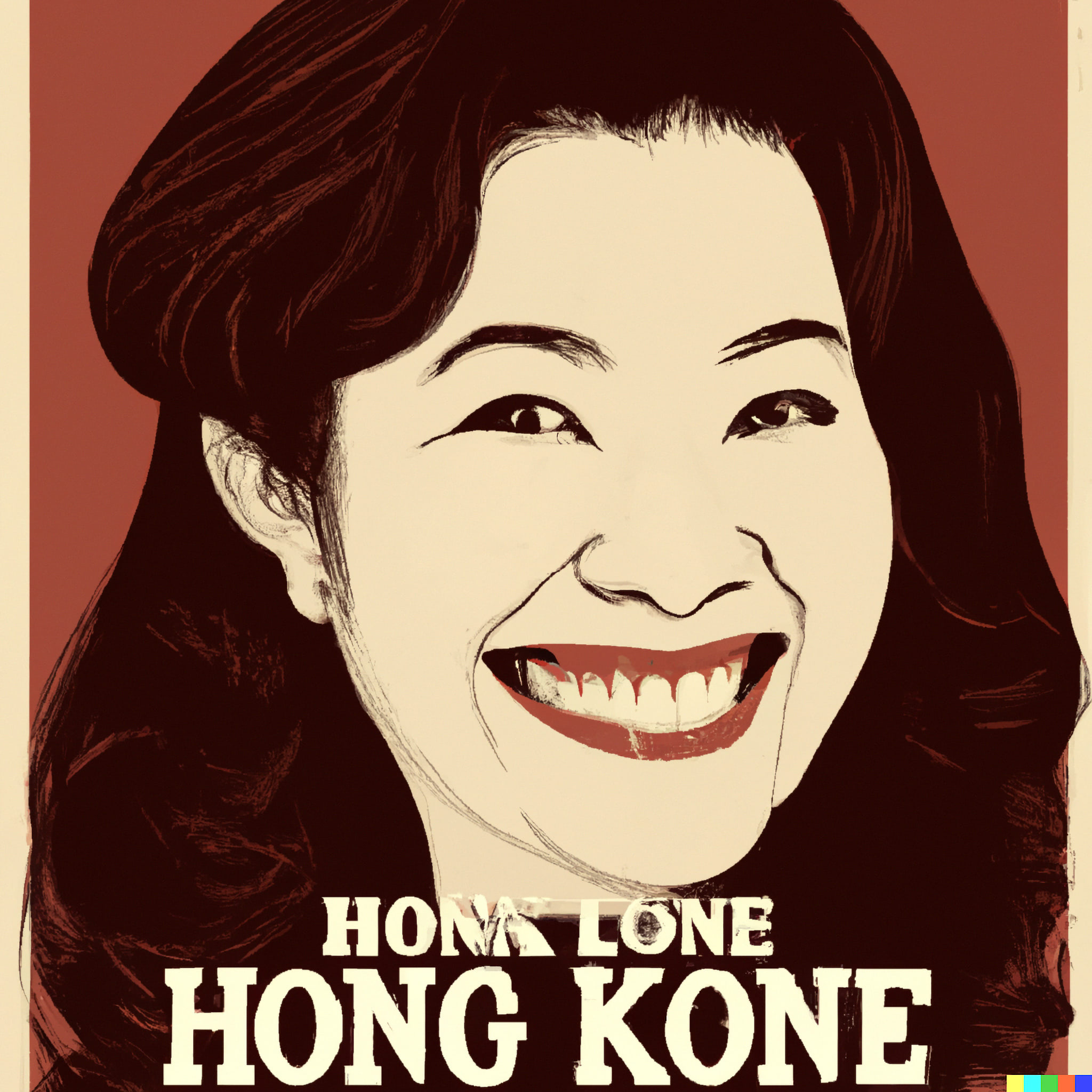 Stylized portrait of a smiling woman with long dark hair; text overlay: HONG KONG.
