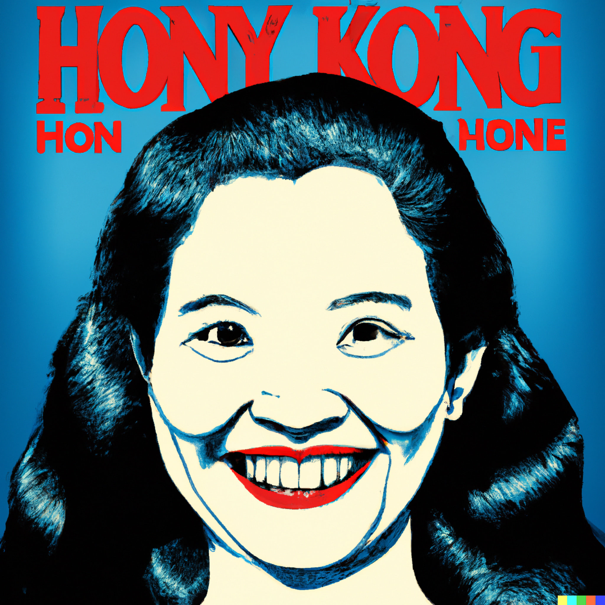 Stylized portrait of a smiling woman with long dark hair, against a blue background; 'HONG KONG' in red text.