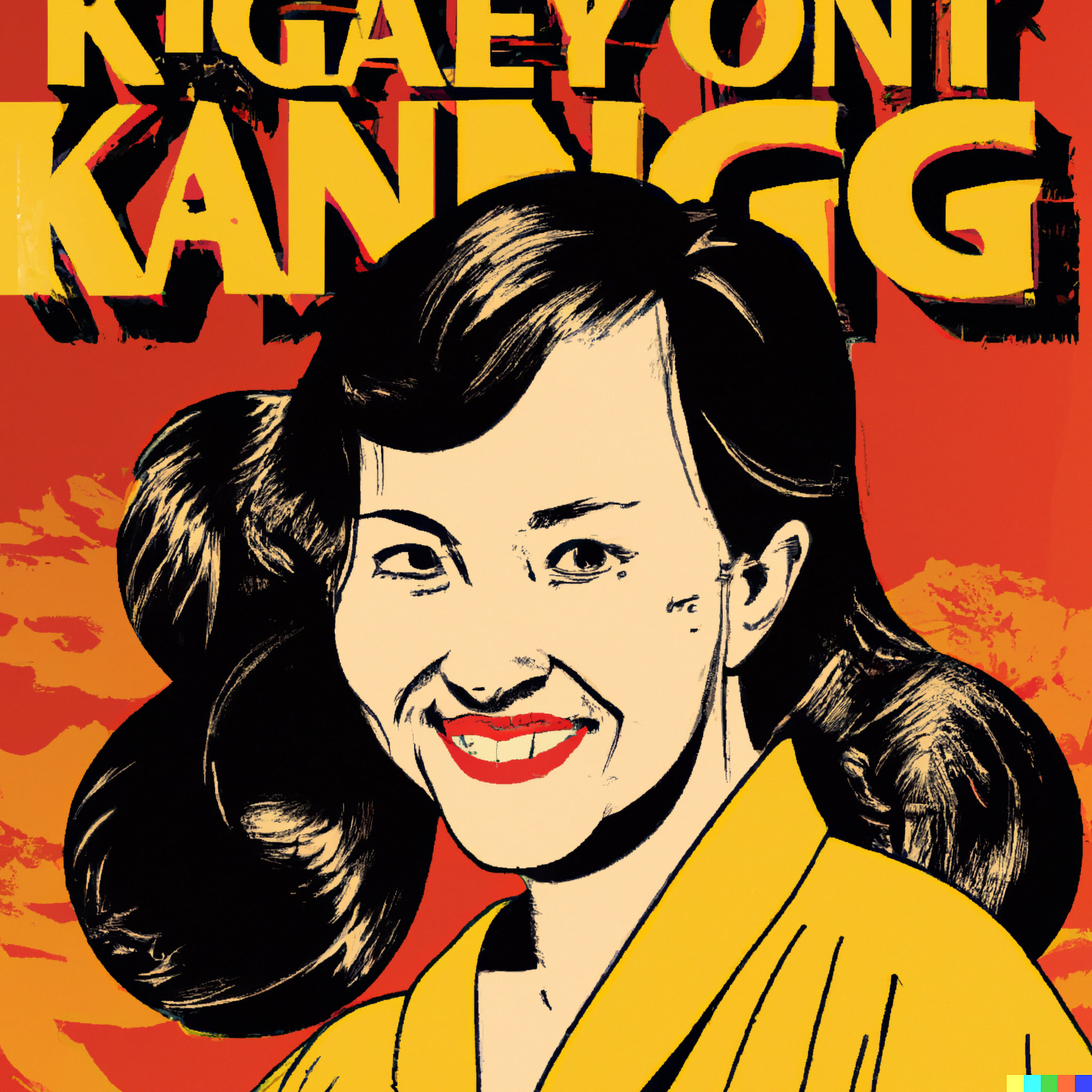 Stylized portrait of a smiling woman with long dark hair, wearing a yellow shirt, against a red and orange background; text overlay.