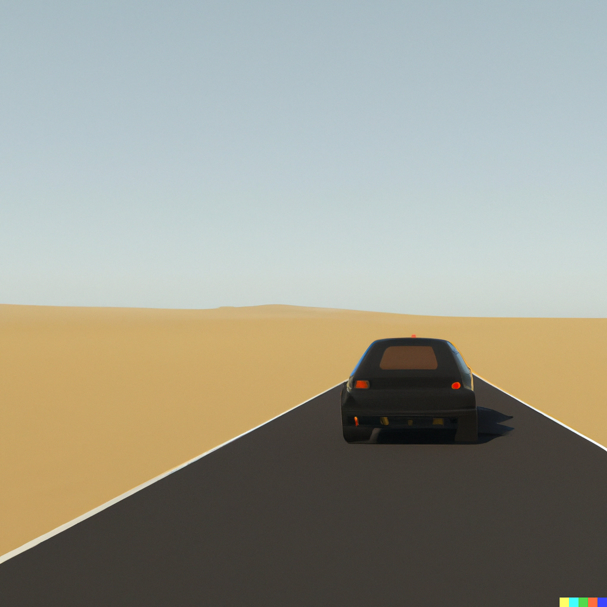 Black self-driving car driving on a desert road.