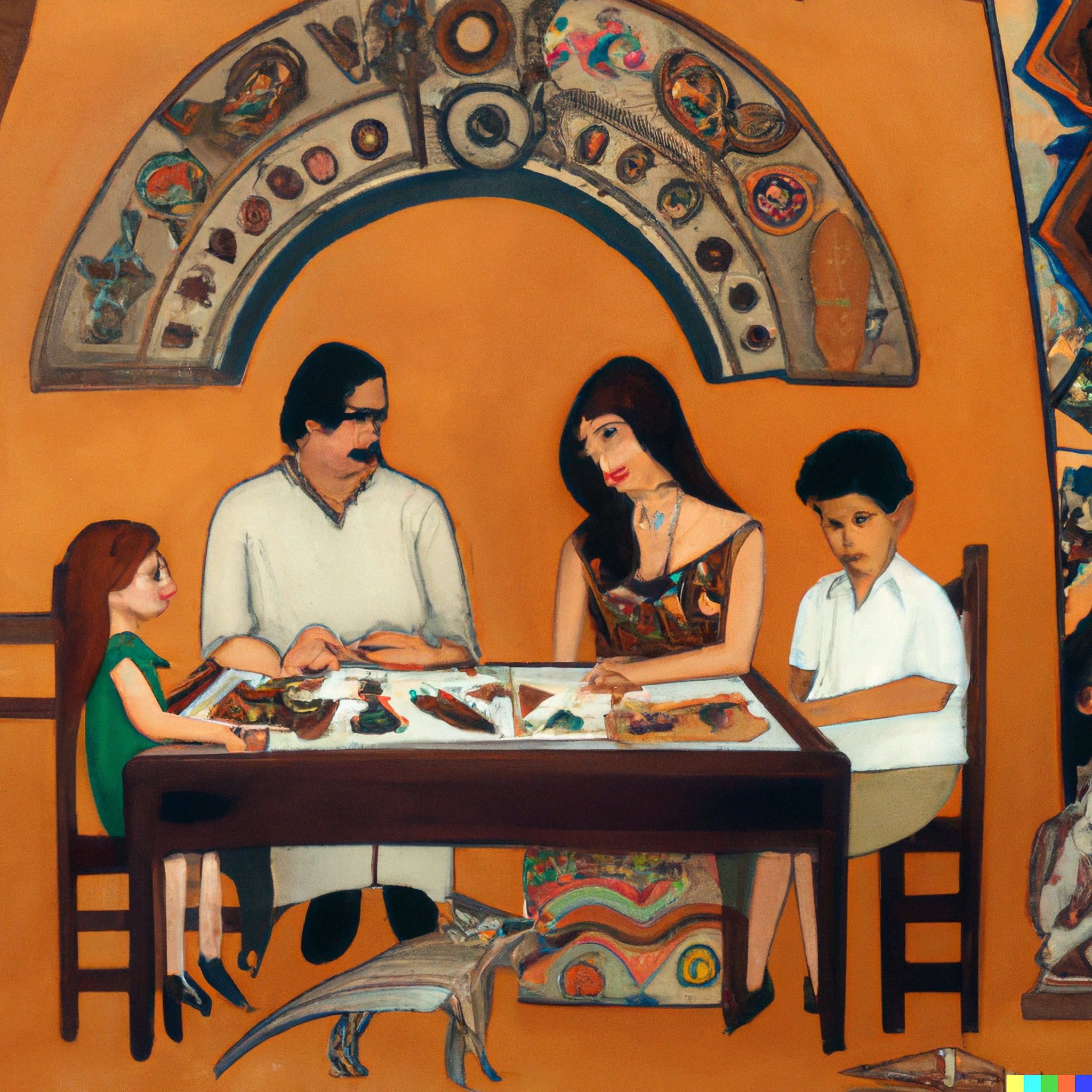 A traditional Mexican family sits around a table, studying.