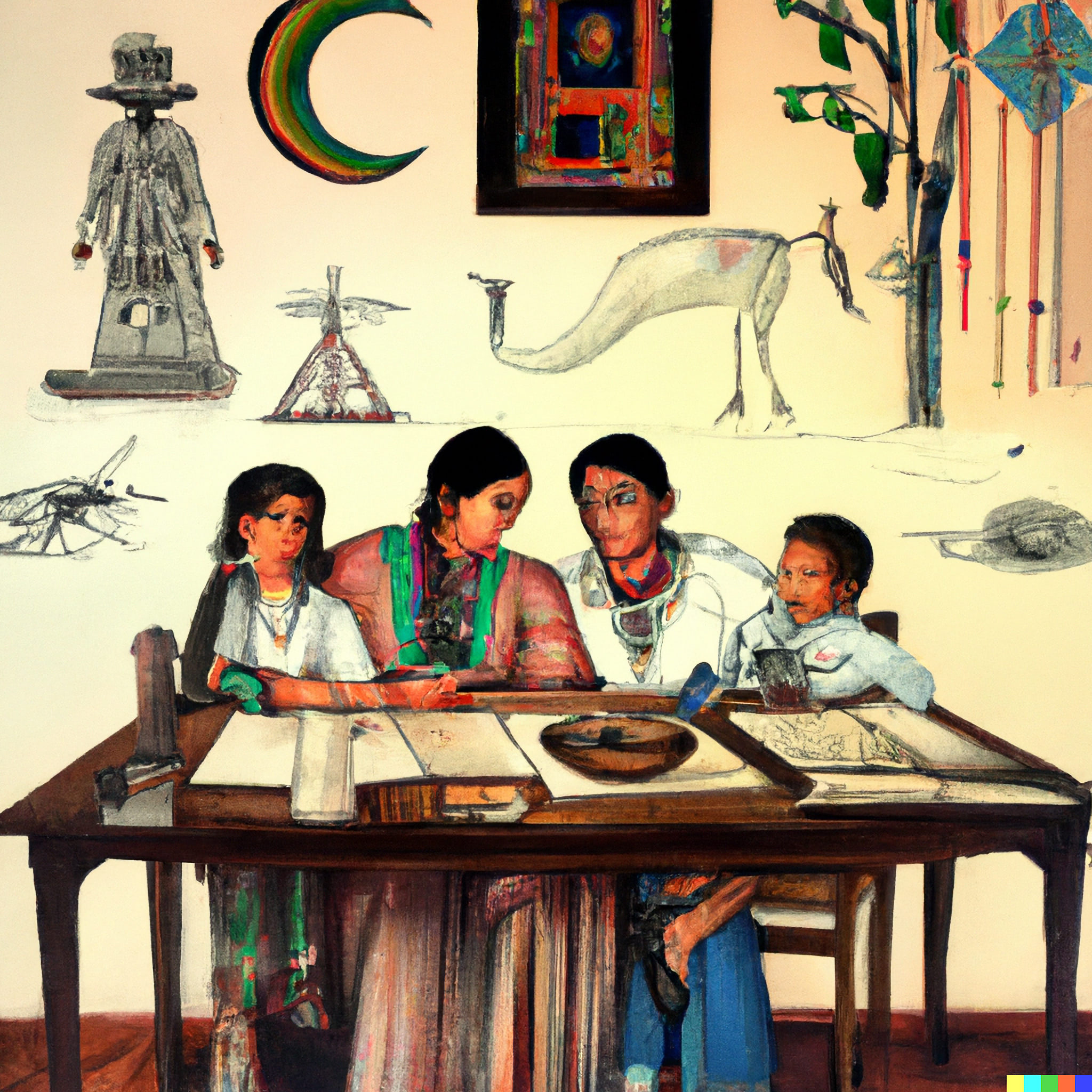A traditional Mexican family studying at a table, surrounded by surreal artwork.
