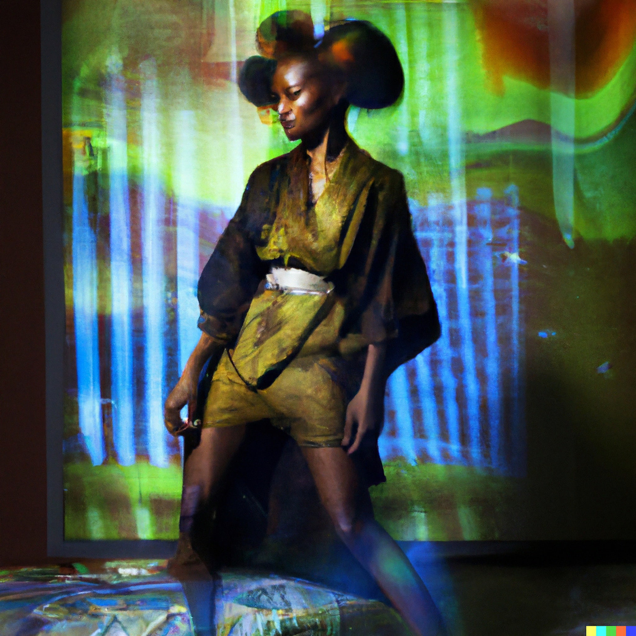 Fashion model in a neo-futuristic kimono, projected onto a colorful background.