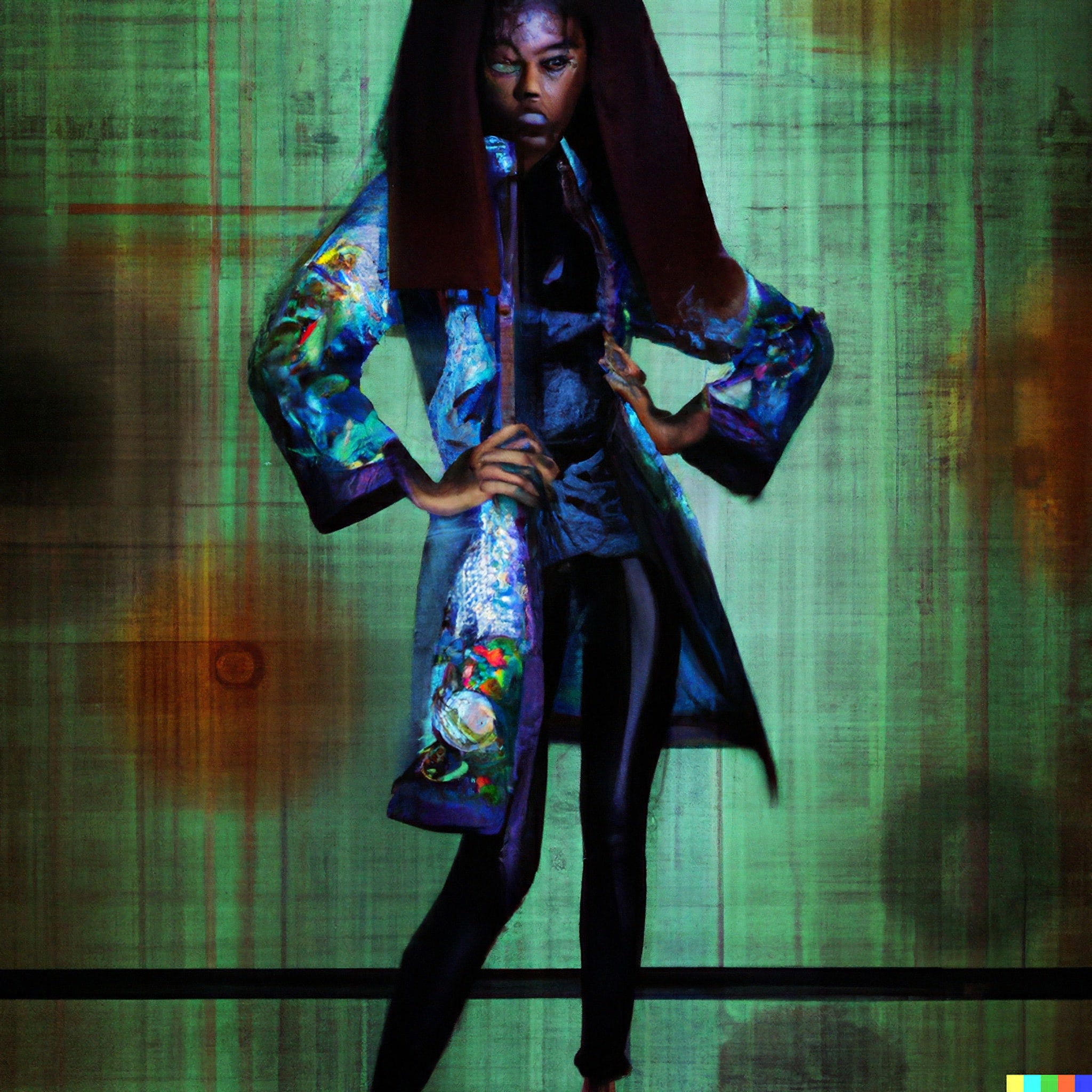 Fashion model with dark skin wearing a neo-futuristic kimono against a textured green background.