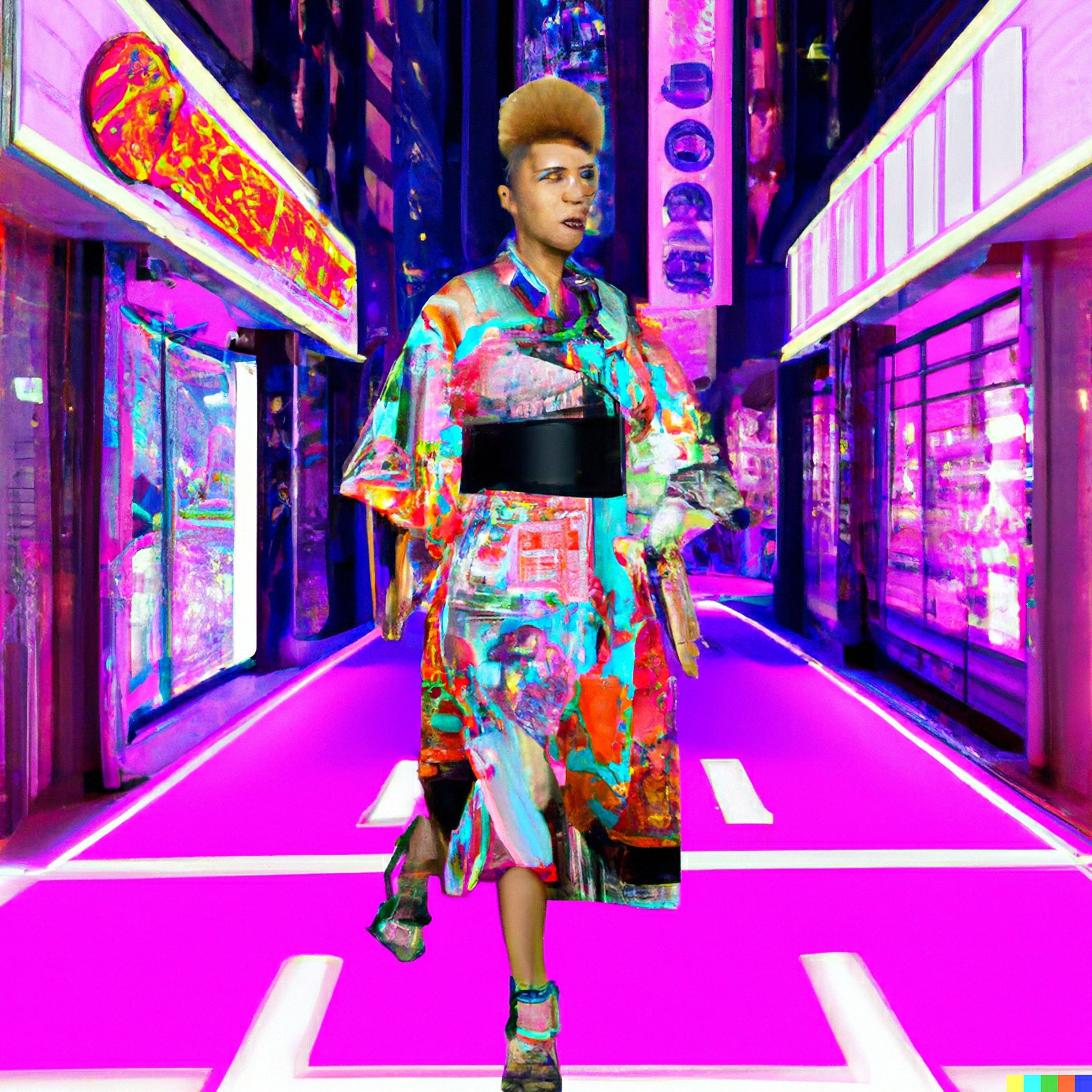 Fashion model in neon patterned kimono walking down a pink street.