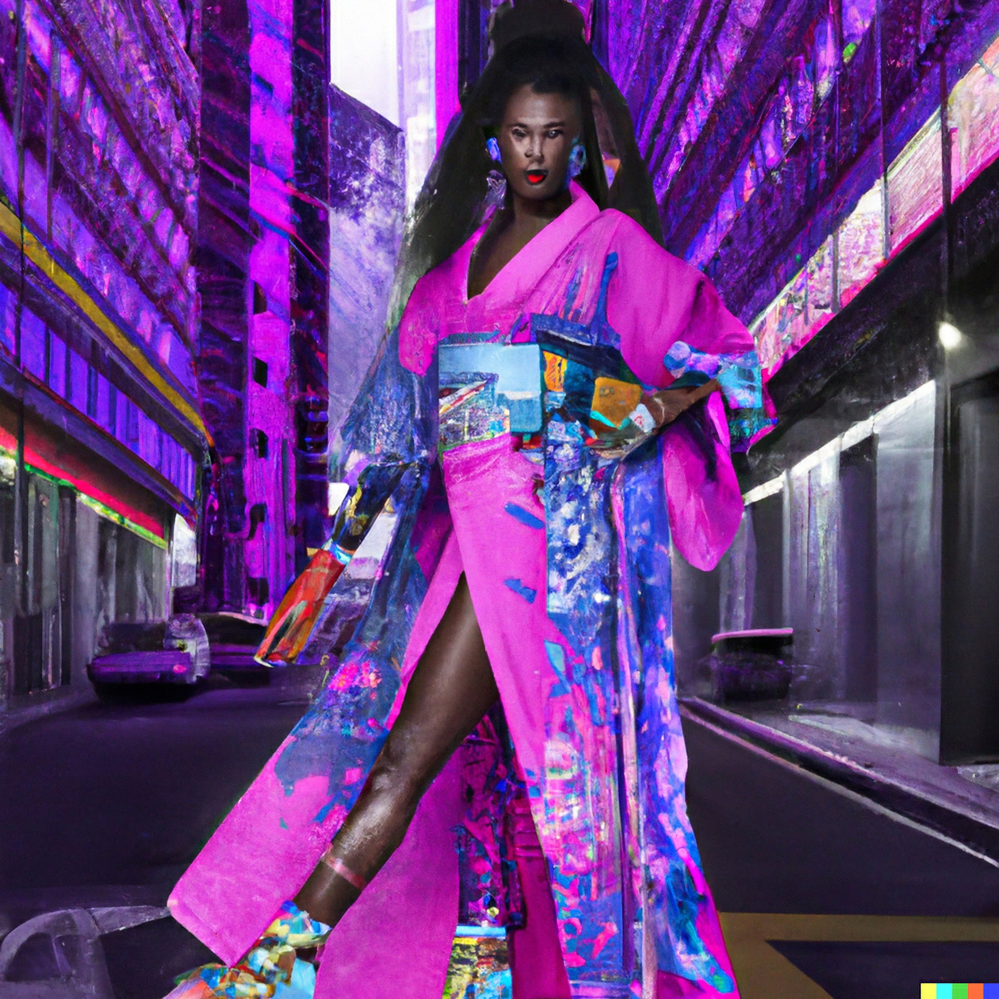Black model in neon pink kimono with blue and purple abstract designs, standing on a city street.