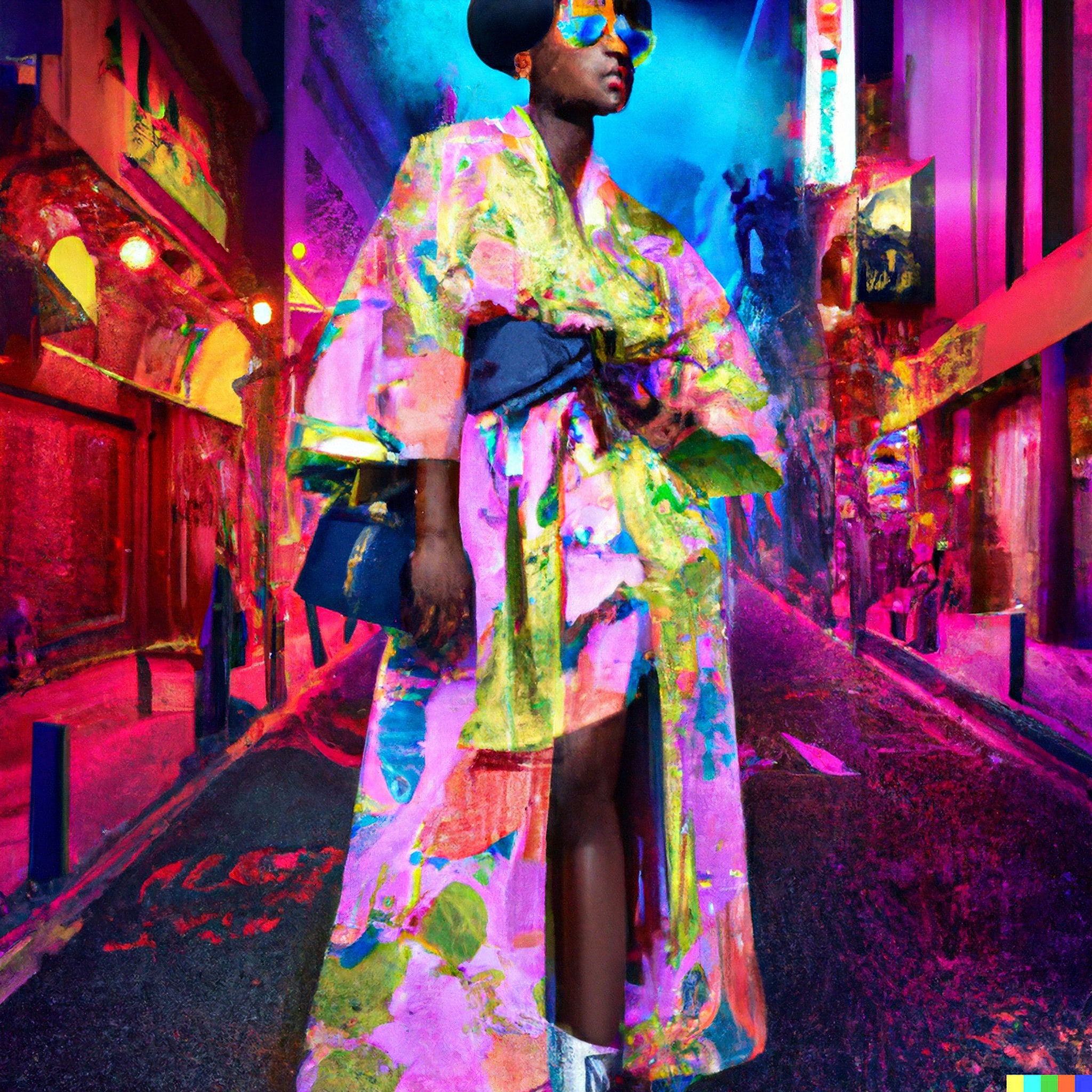 Fashion model in neon kimono, standing on a vibrant street.