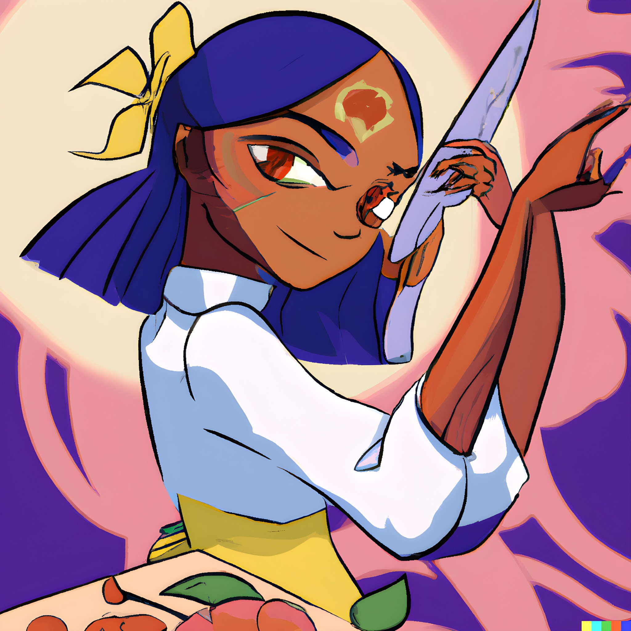 Anime-style girl with blue hair and a knife, in the style of Henri Matisse.