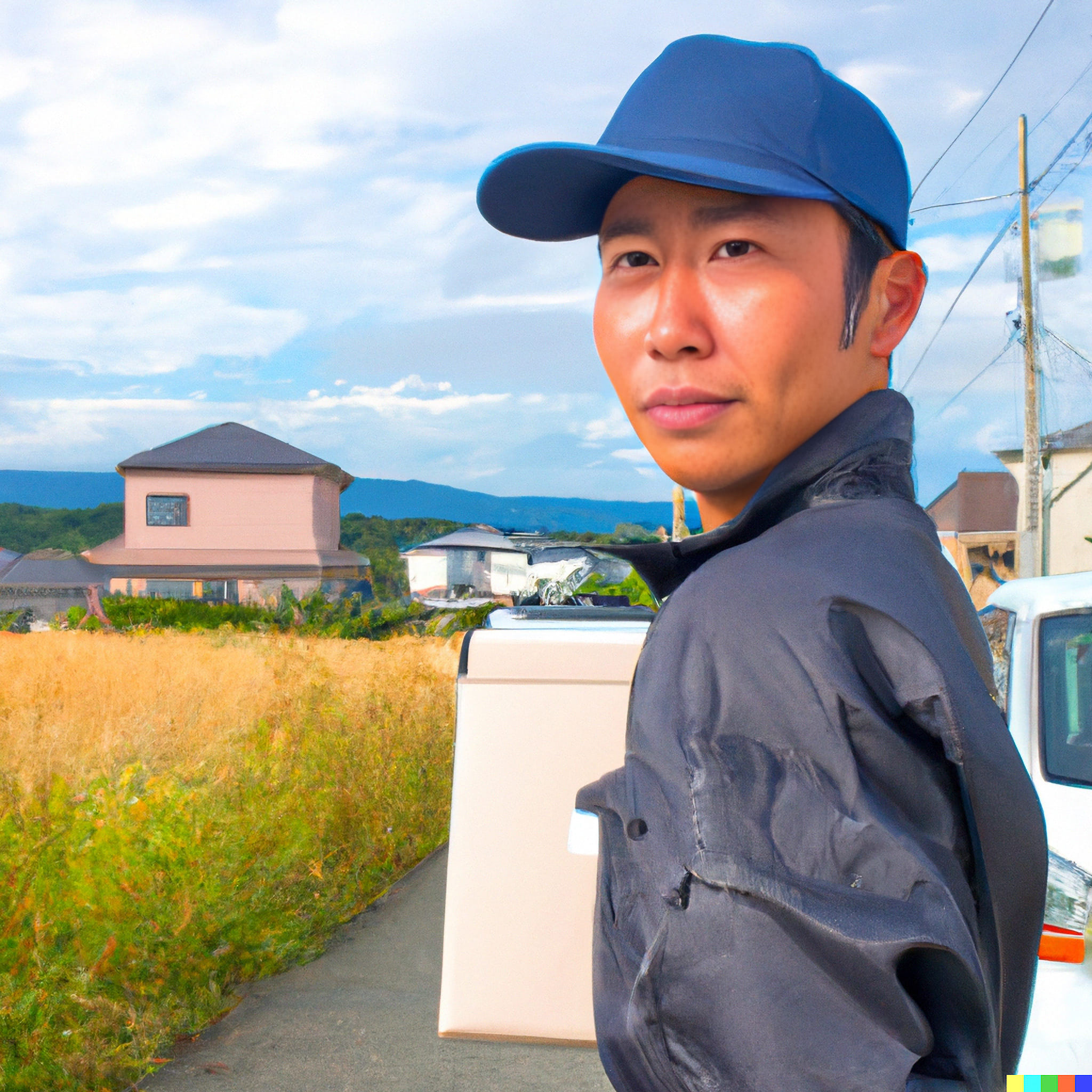 Asian delivery worker in rural Japan carrying a package.