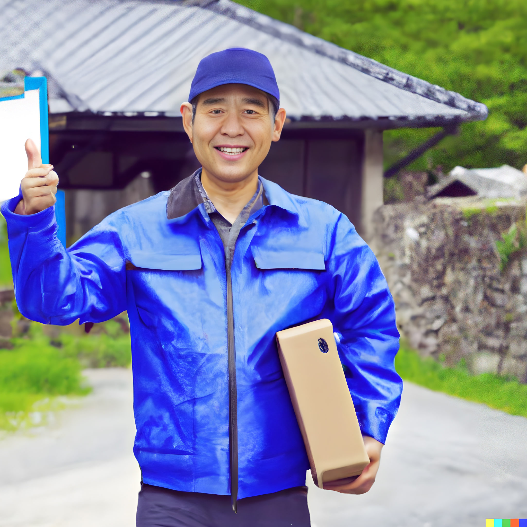 Smiling Asian delivery worker in blue uniform giving thumbs up, holding package.
