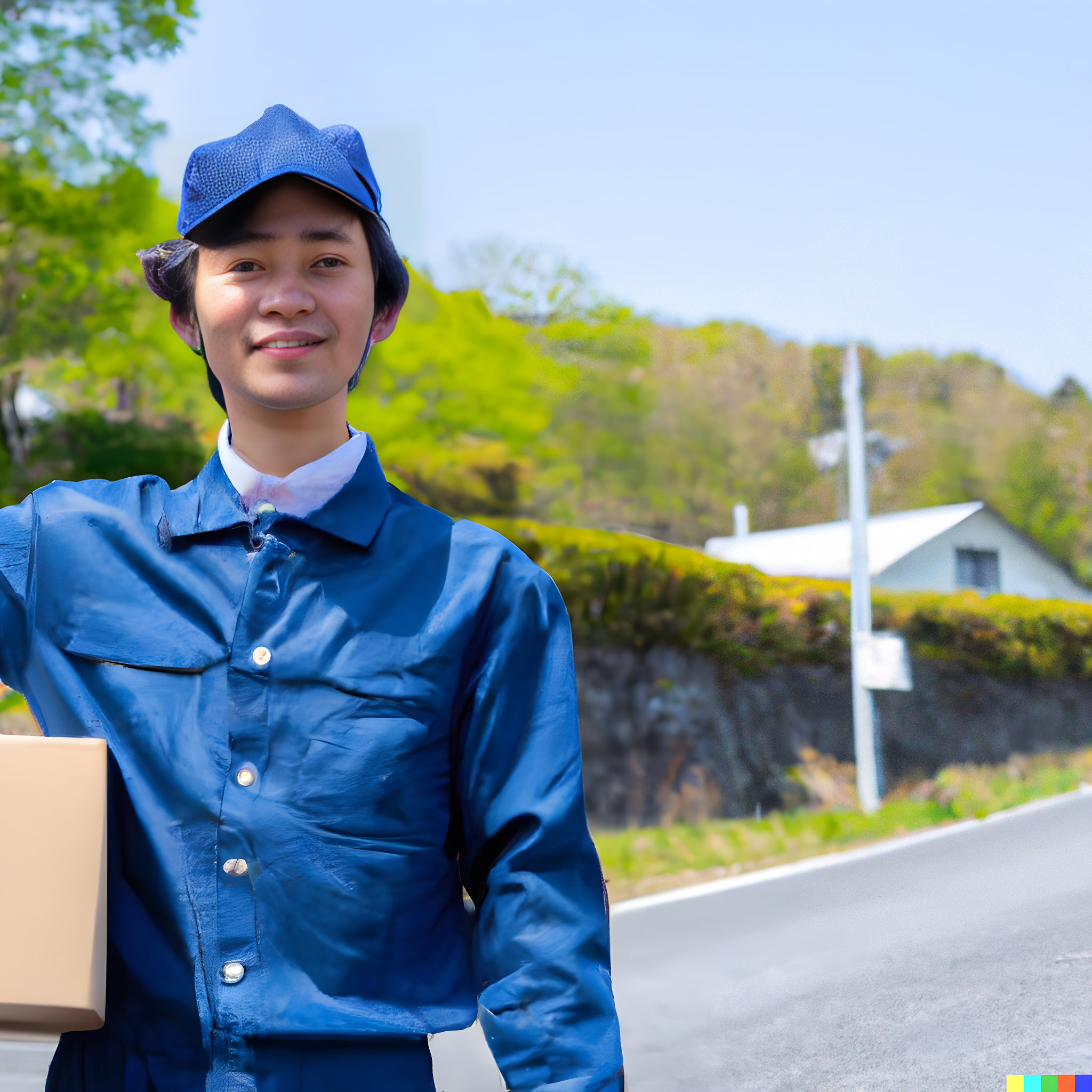 Smiling Asian delivery worker in blue uniform holding package.