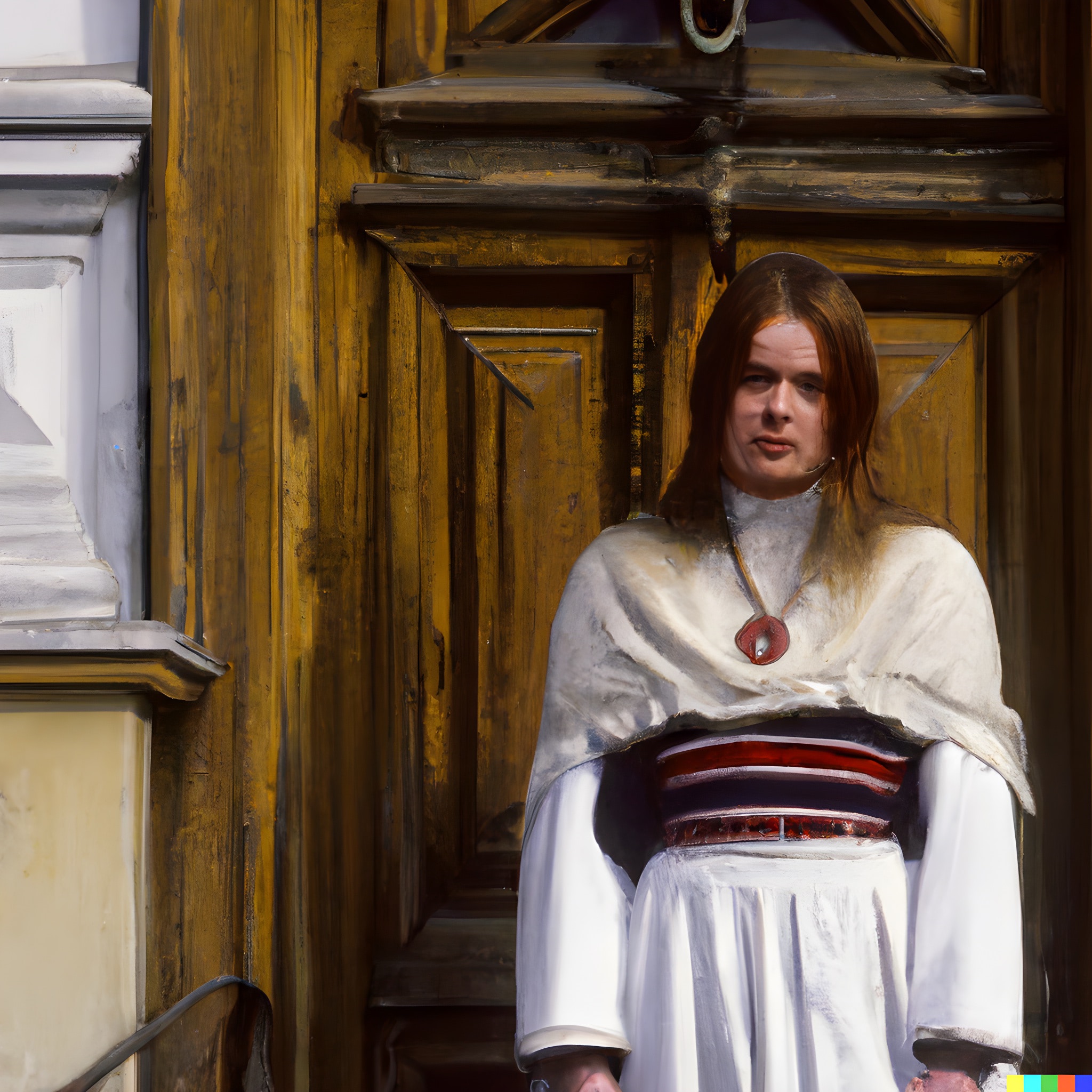 Woman with long brown hair in traditional Baltic dress standing by a wooden door.