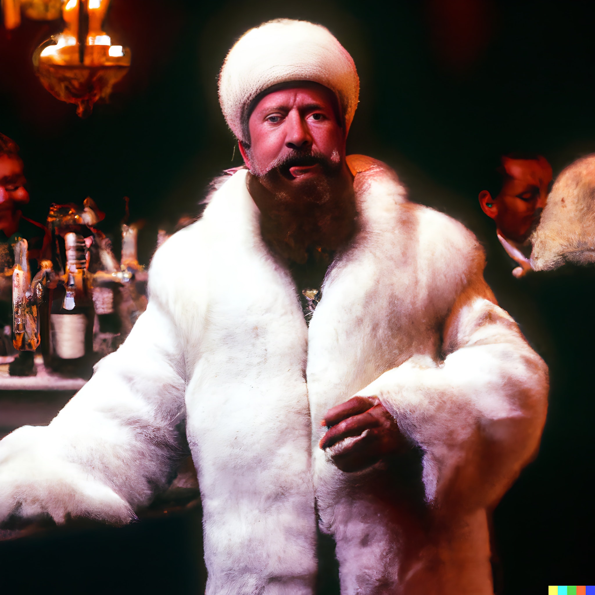 Bartender with a large beard wearing a white fur coat and hat.