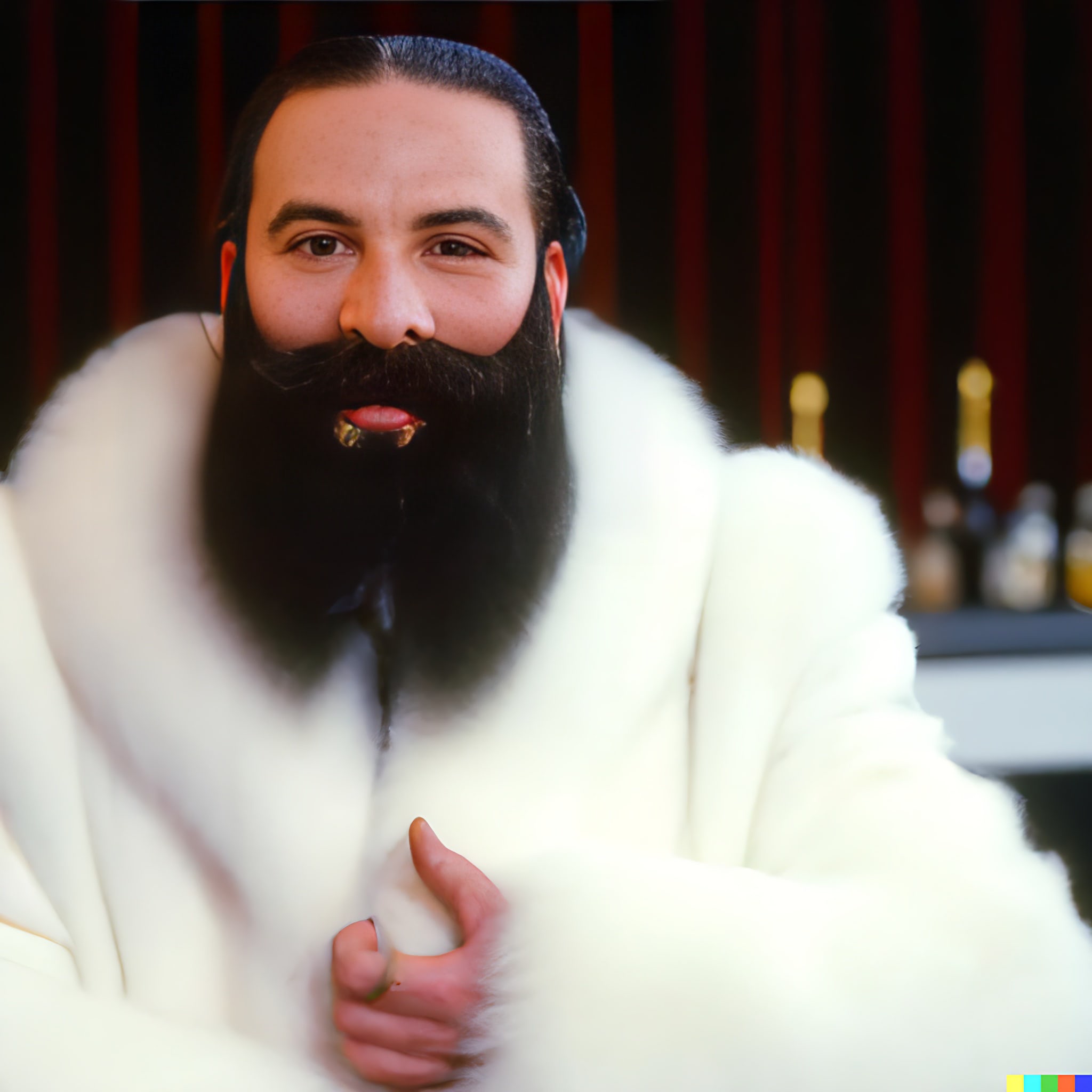 Man with large beard wearing white fur coat.
