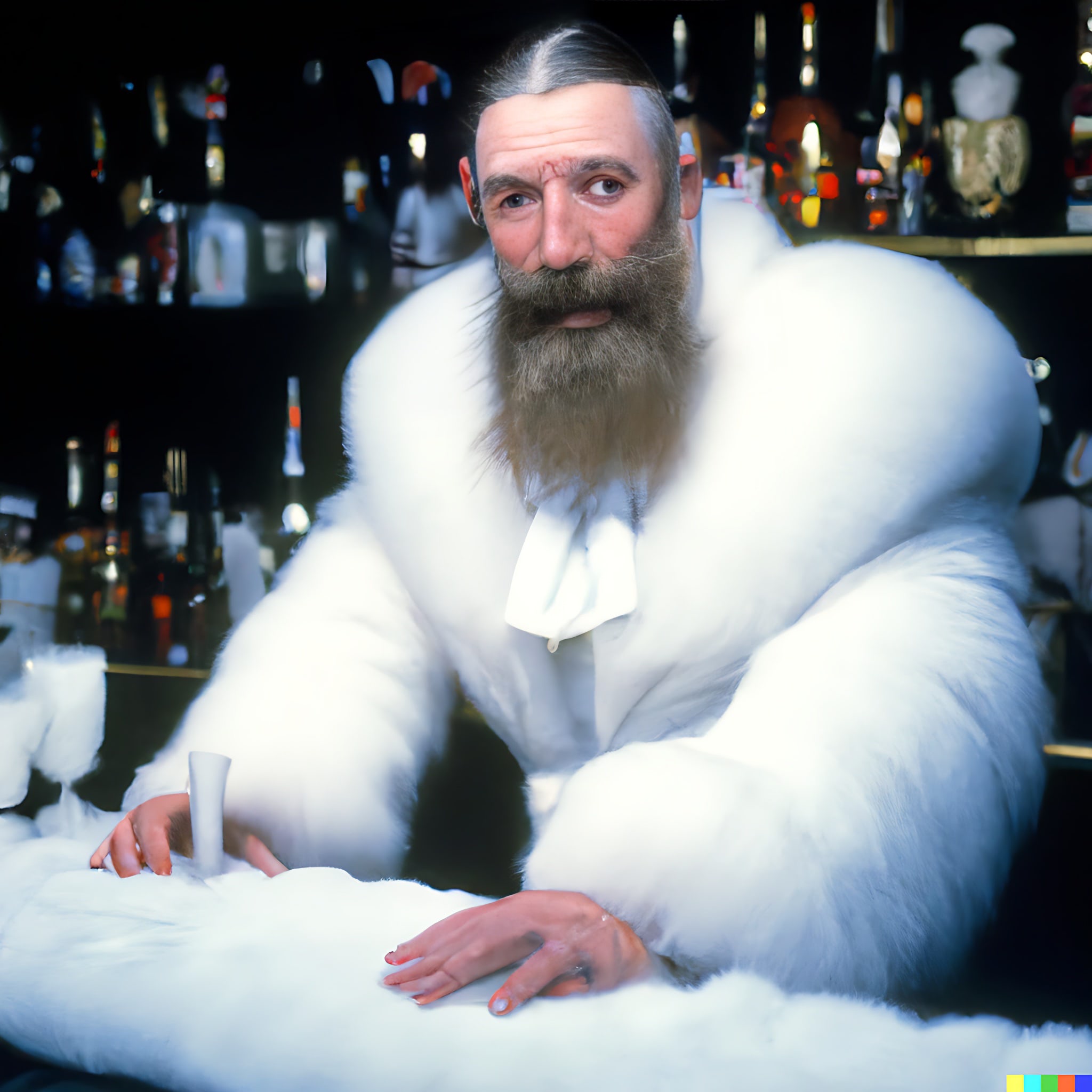 Bartender with long beard wearing white fur coat behind bar.