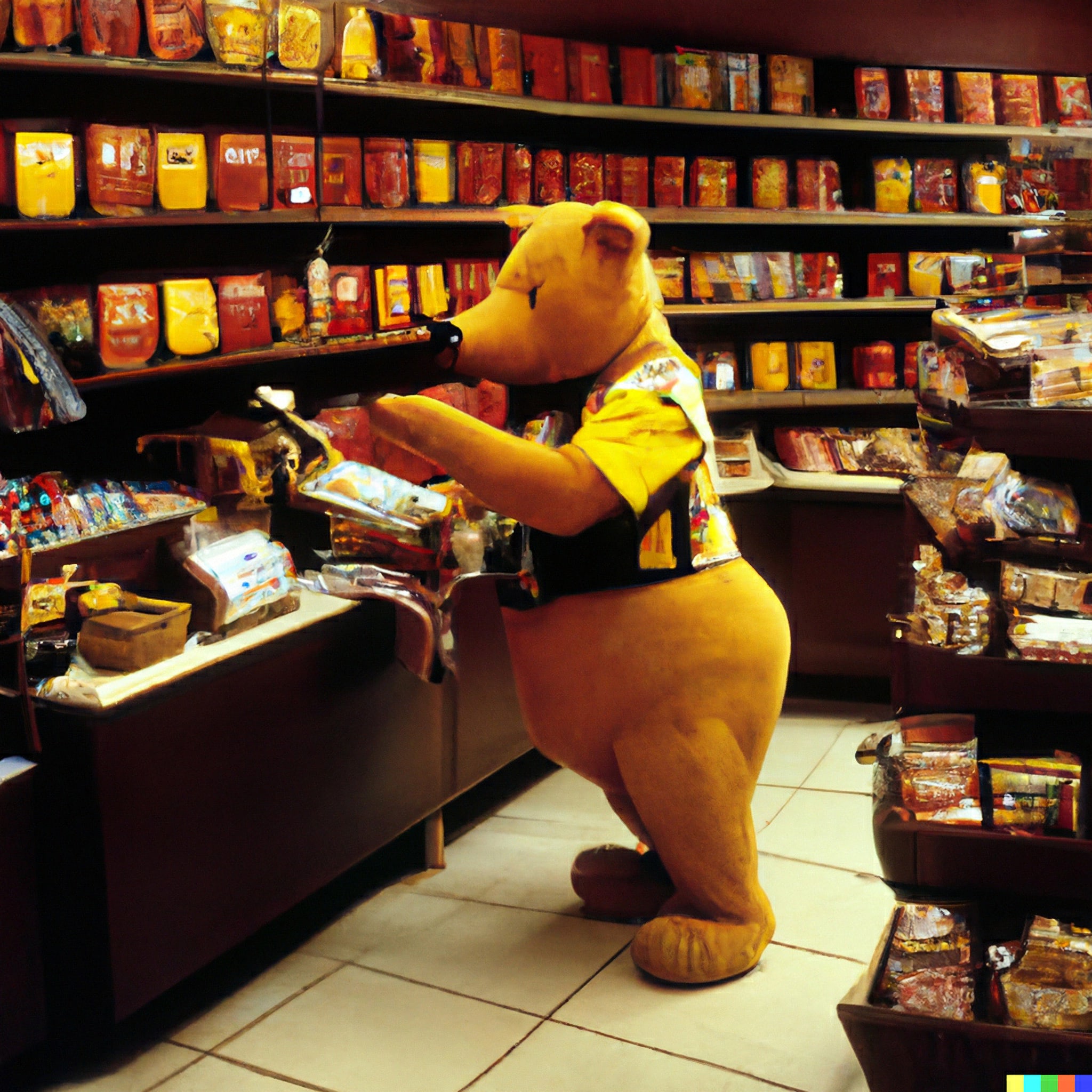 A yellow bear costume operating a cash register in a supermarket aisle stocked with various goods.