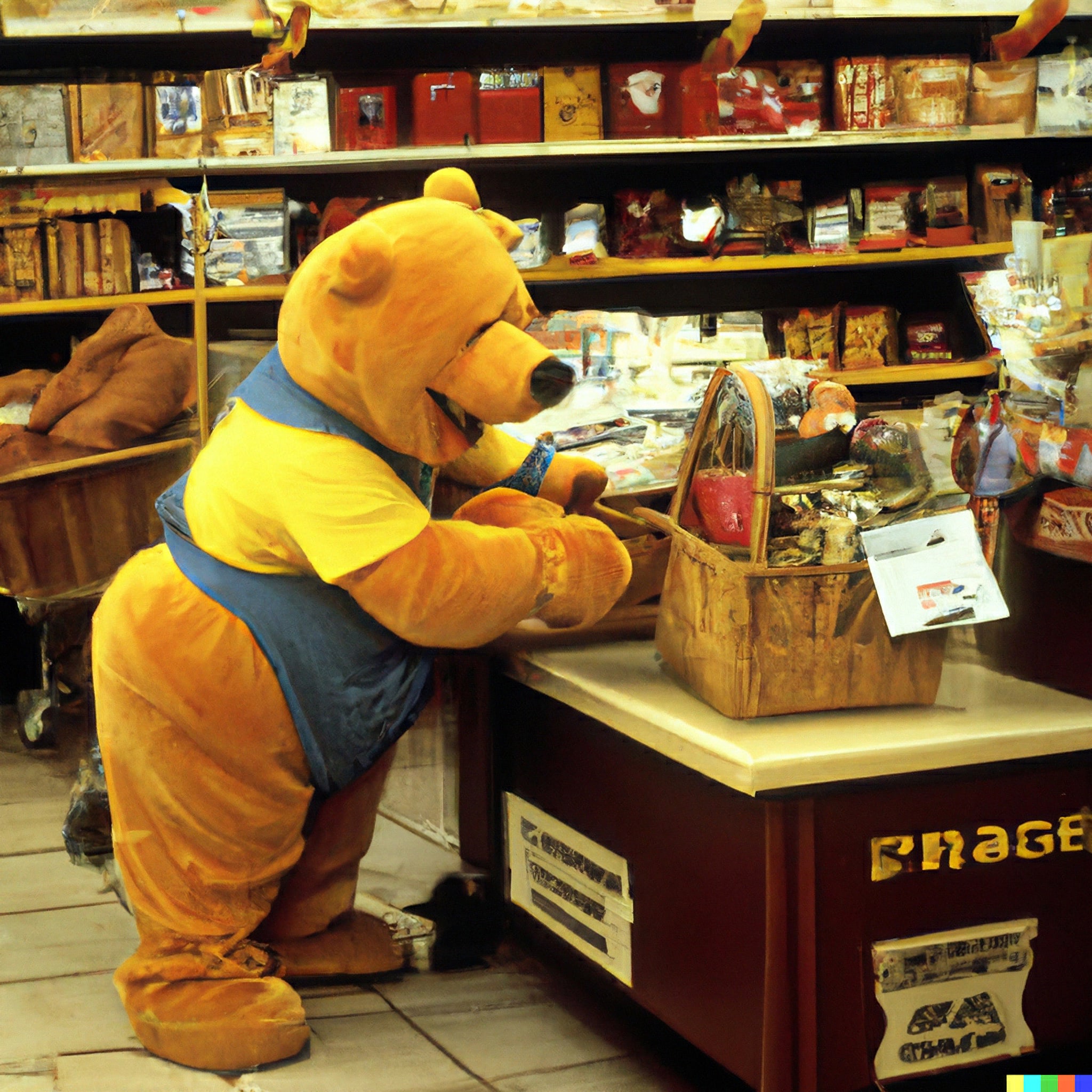 Winnie-the-Pooh costume at a supermarket checkout.