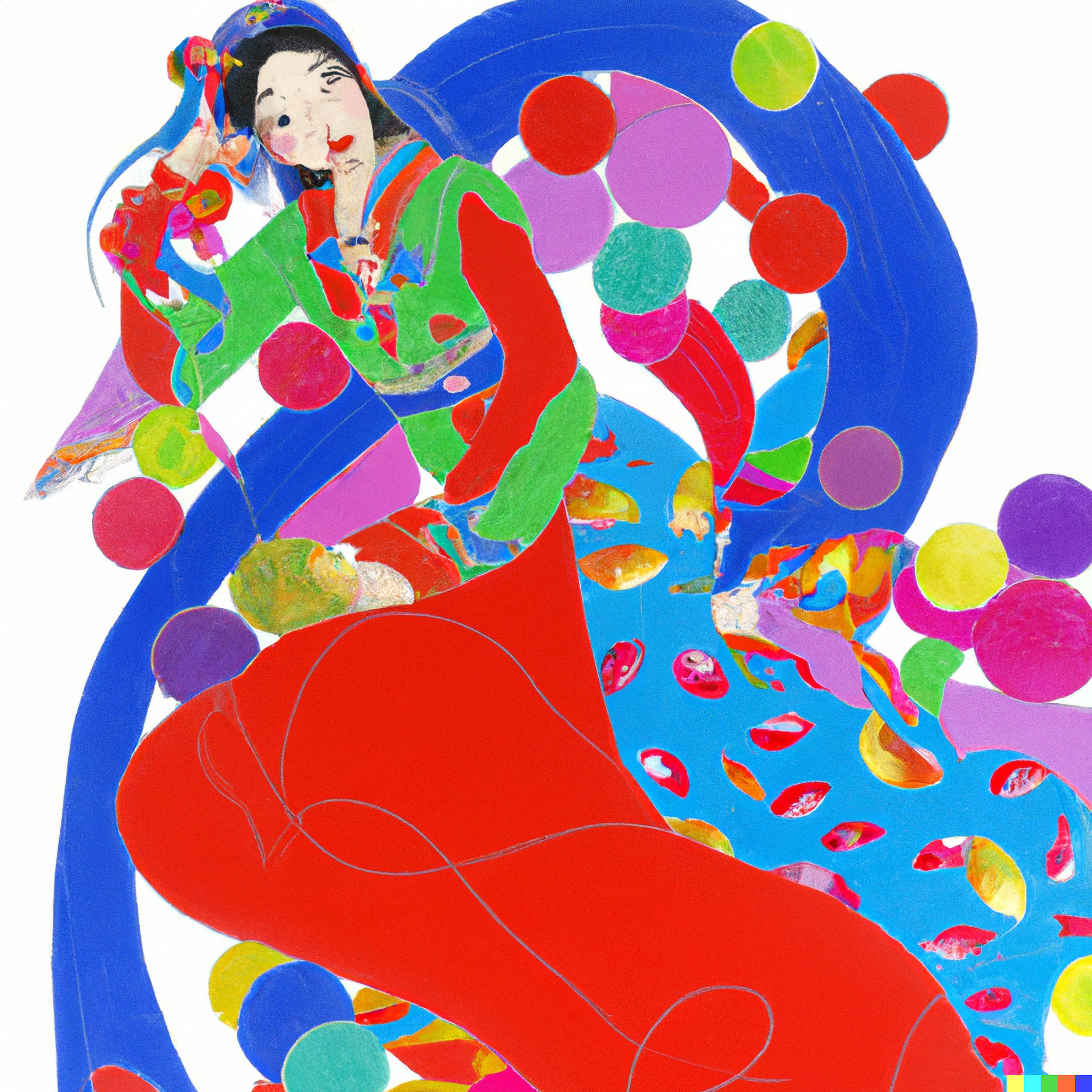 Abstract painting of a woman in traditional Chinese clothing surrounded by colorful circles.