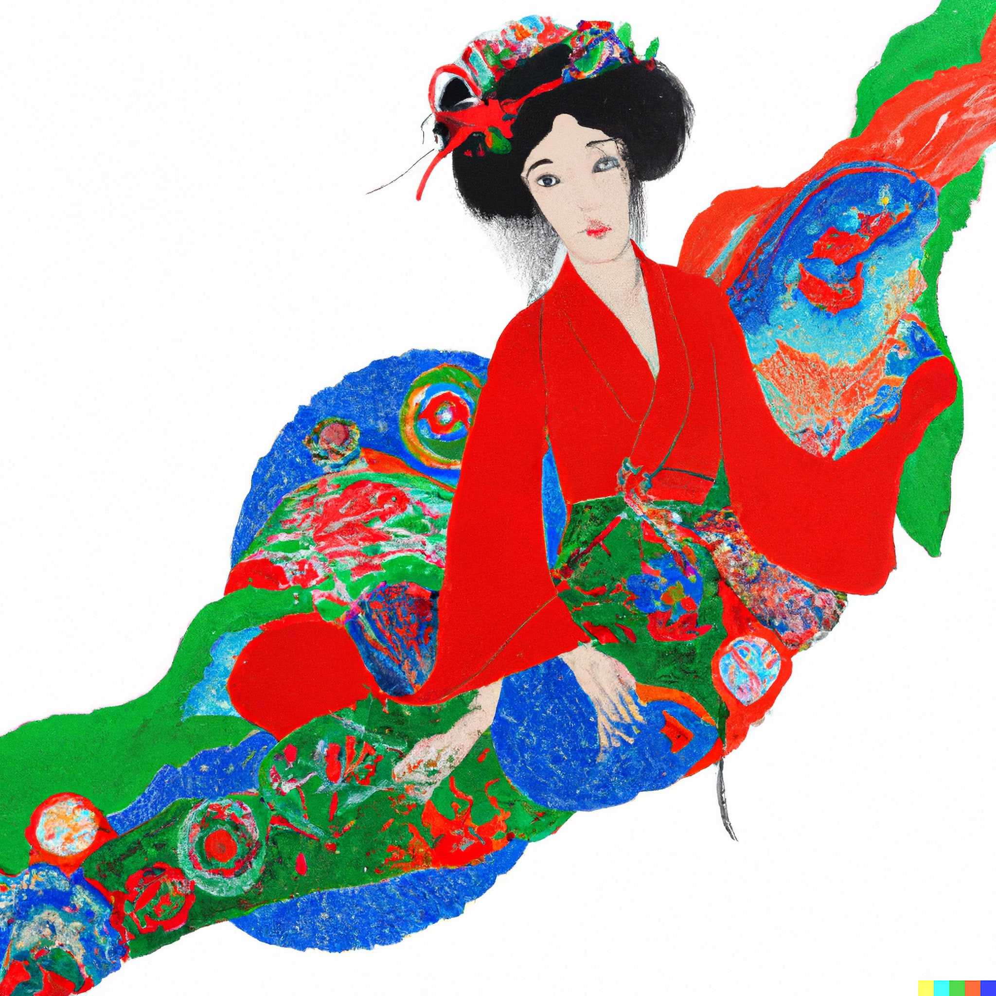 Woman in red Chinese traditional clothing seated on an abstract, colorful background.
