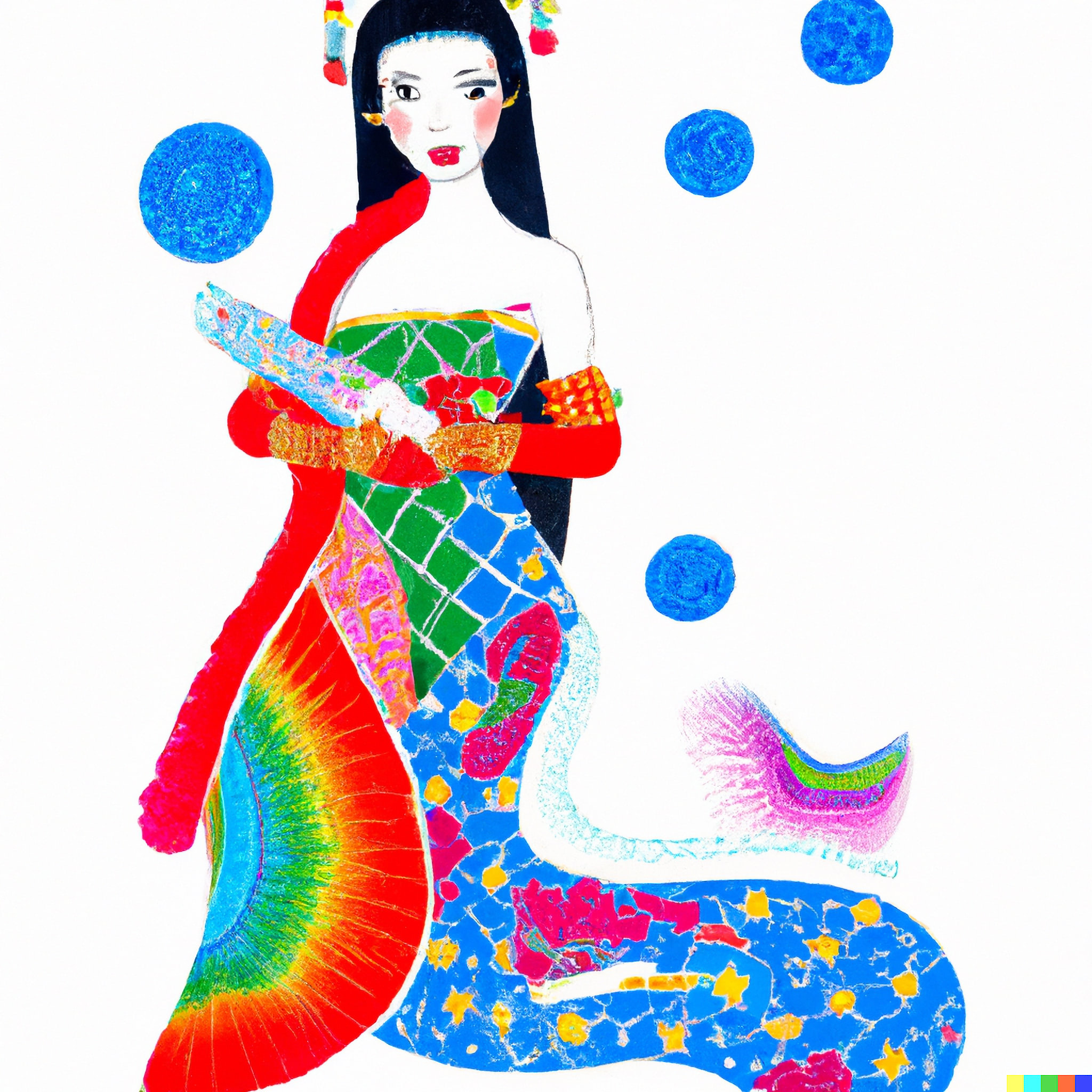Colorful illustration of a woman in a traditional Chinese dress with a fishtail.