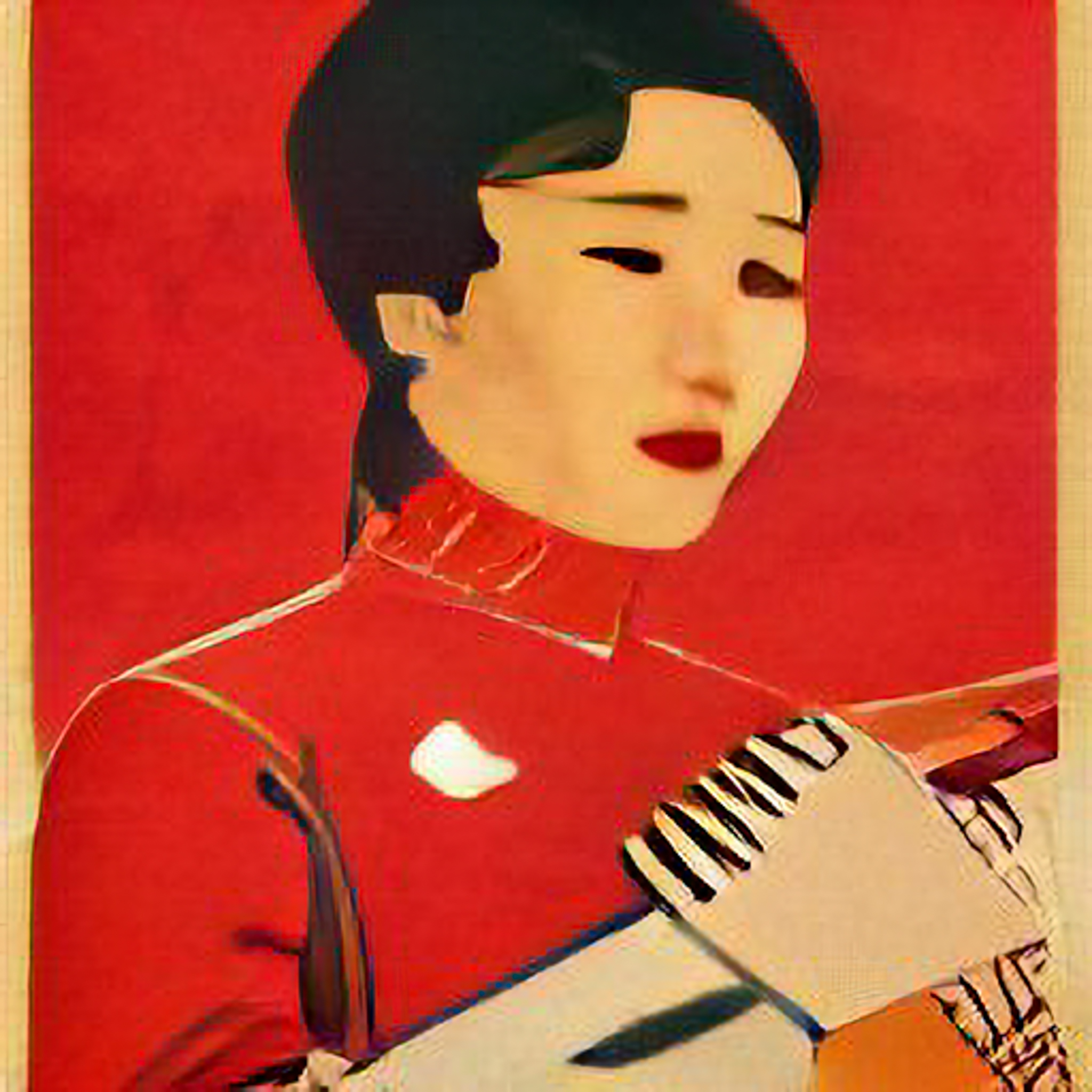 Portrait of a Korean woman in a red outfit, styled like a Soviet propaganda poster.