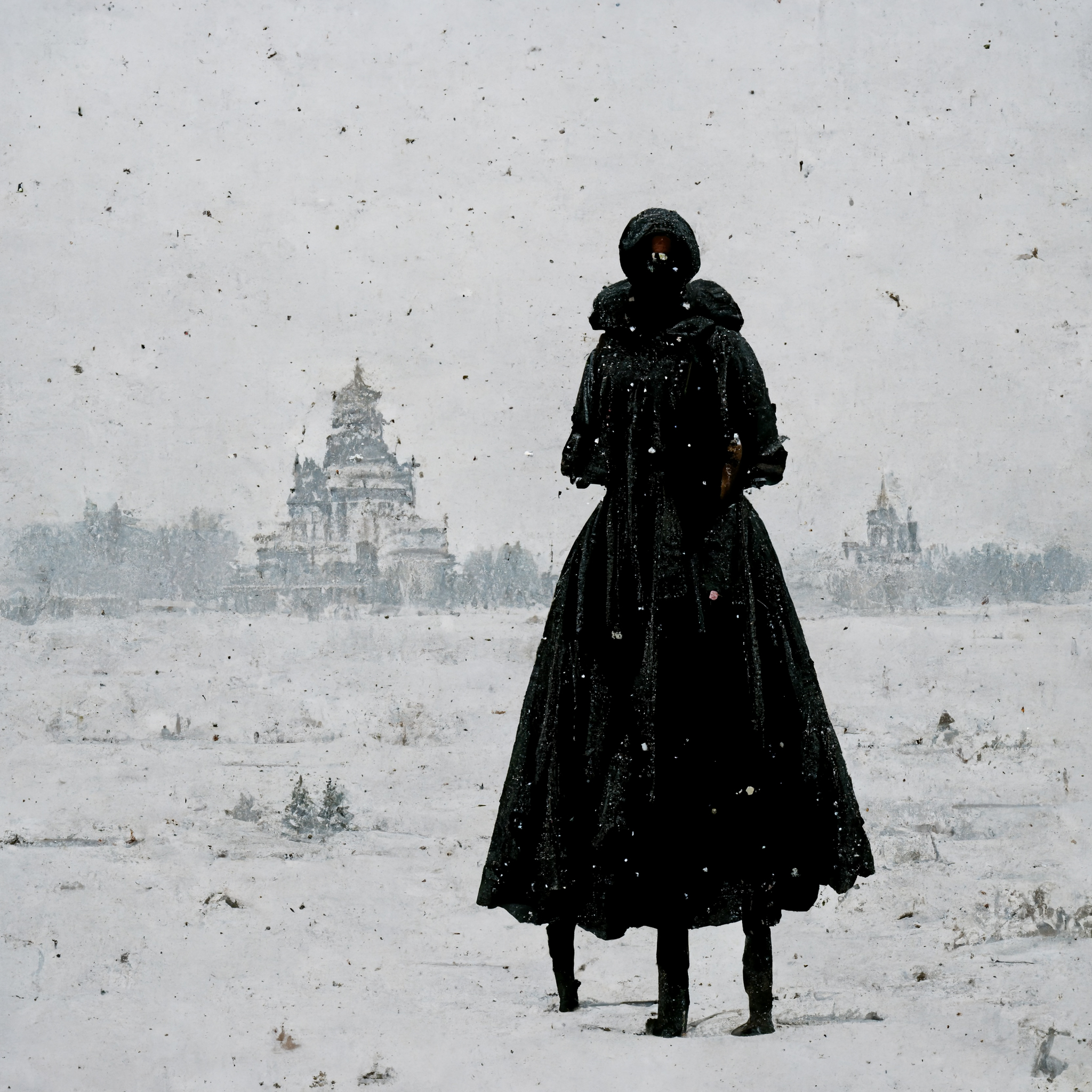Silhouette of a person in a long black coat and hood standing in a snowy landscape with a distant building.