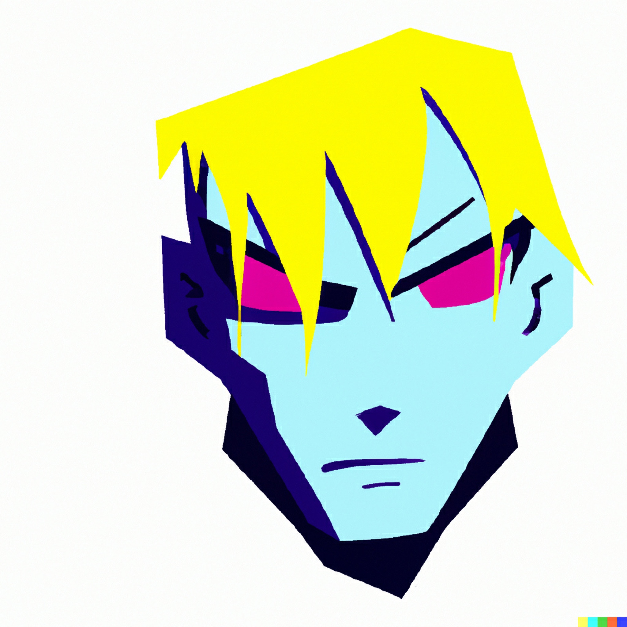 Stylized cyberpunk portrait of a man with yellow hair and pink eyes.