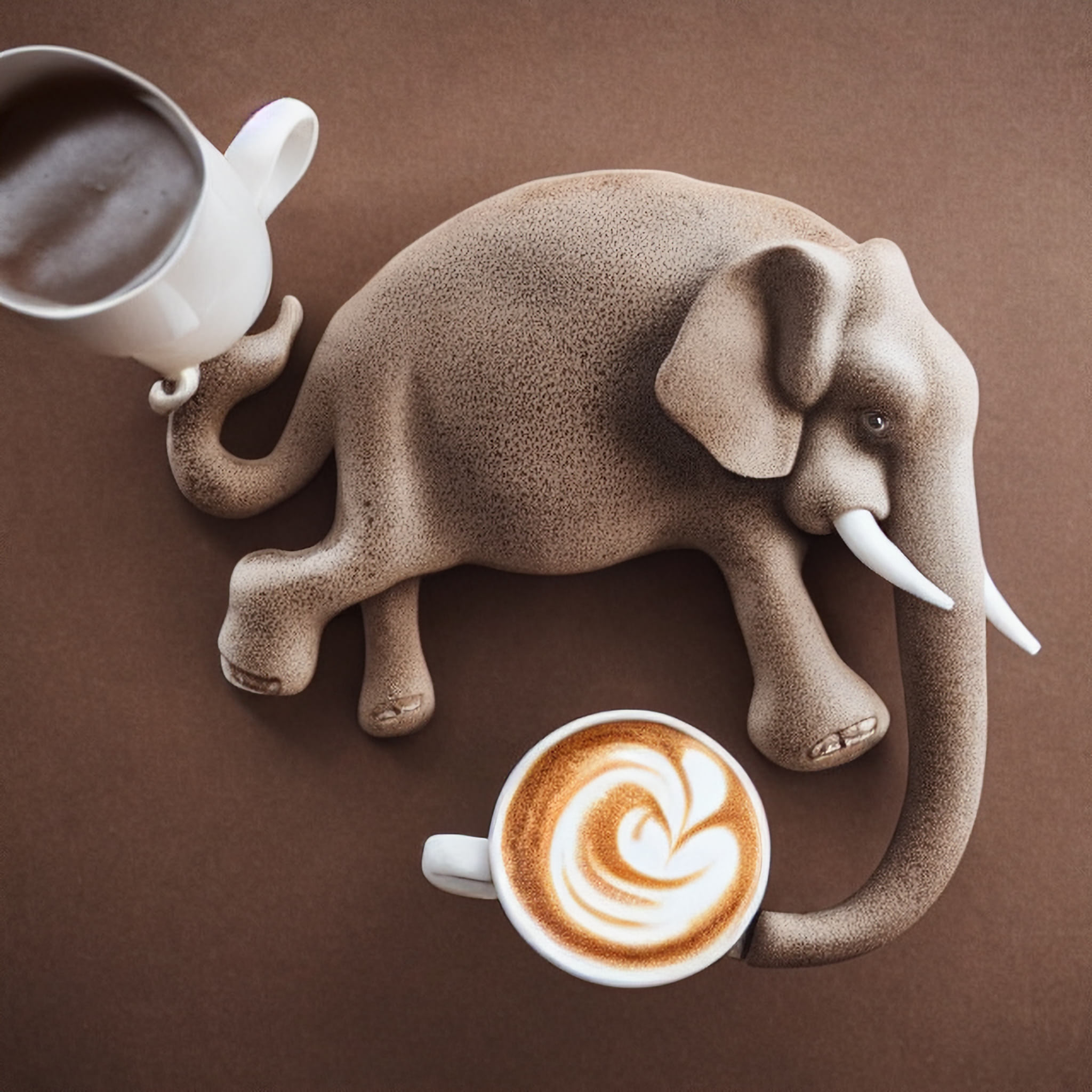 Elephant figurine with two cups of coffee.