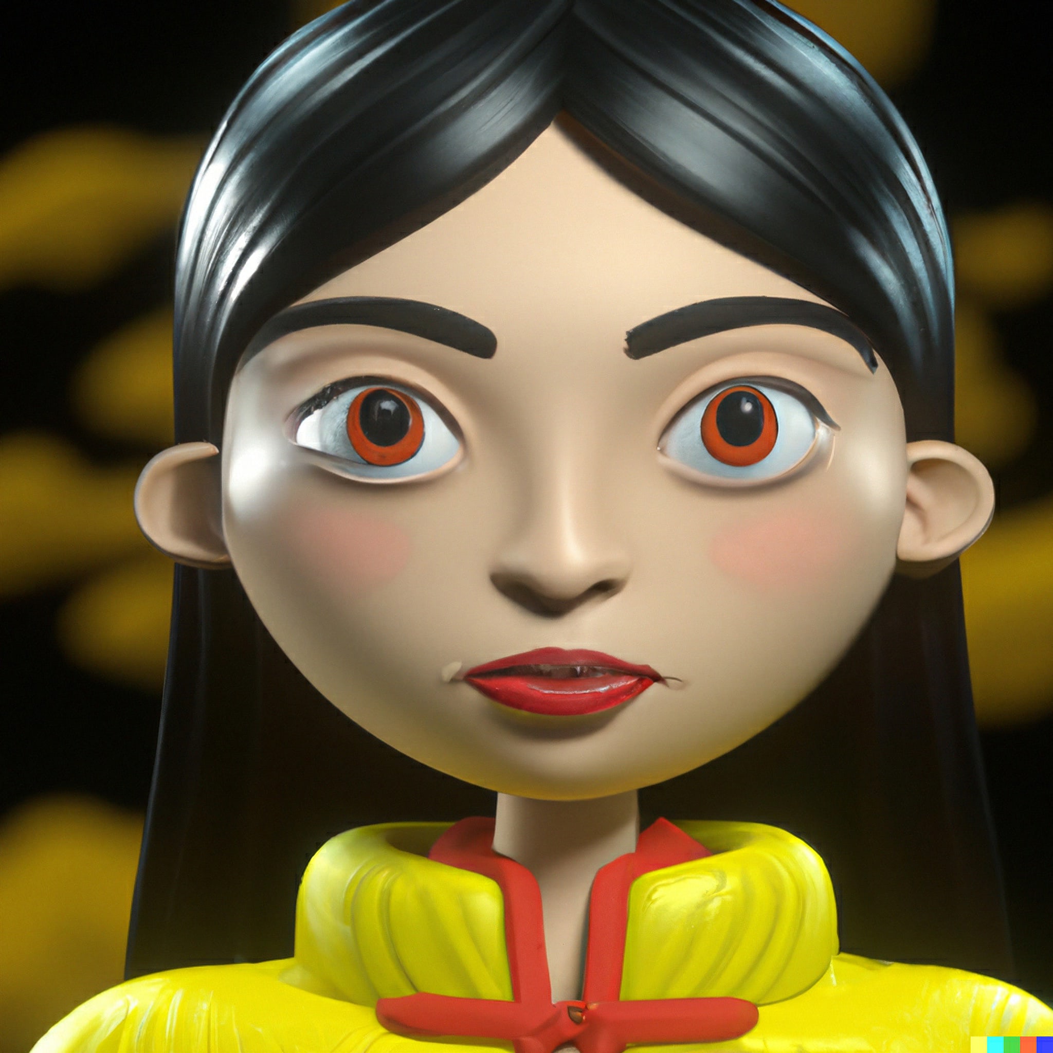 Cartoon illustration of a young Chinese woman with long black hair, wearing a traditional yellow dress.