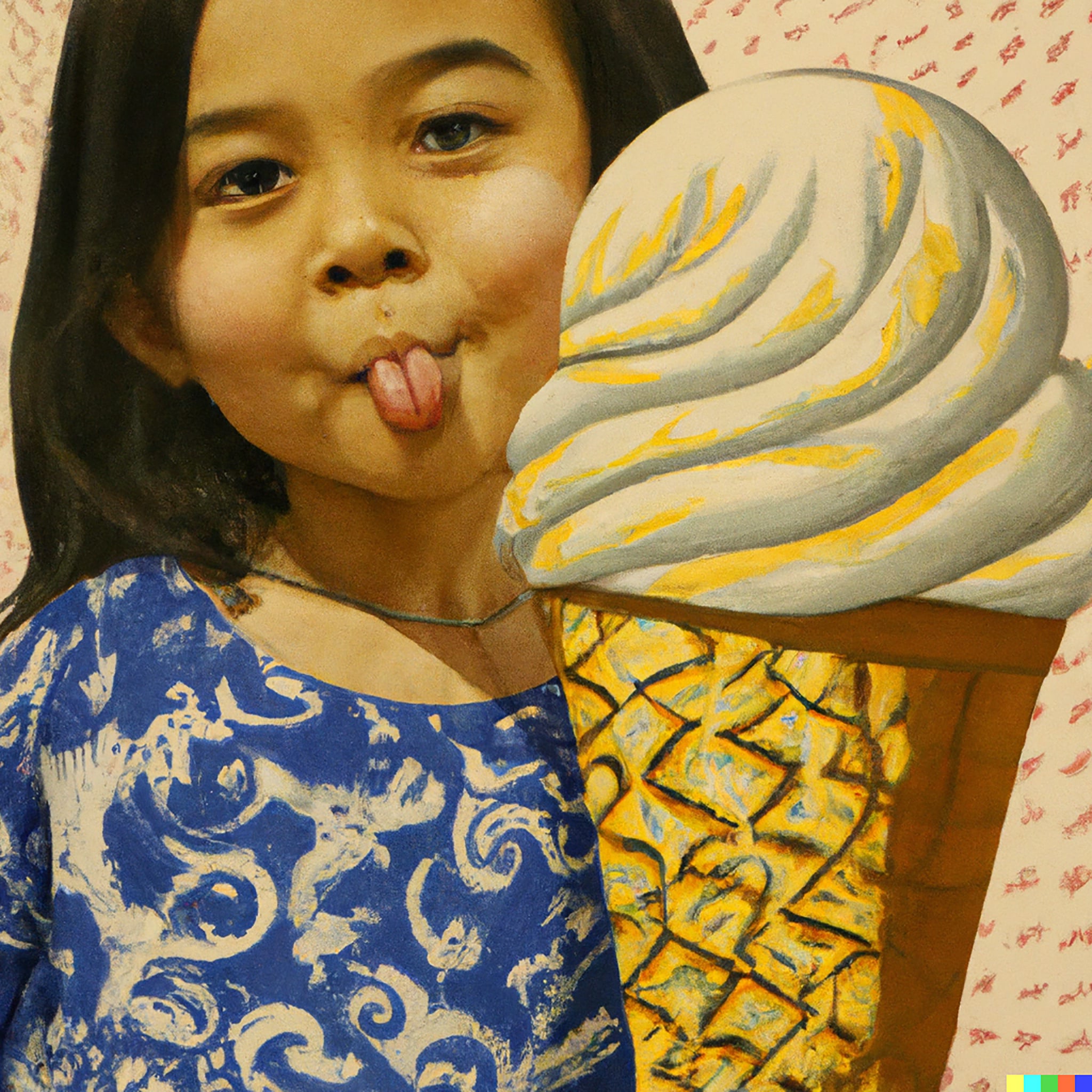 Girl with tongue out next to a large cartoon ice cream cone.