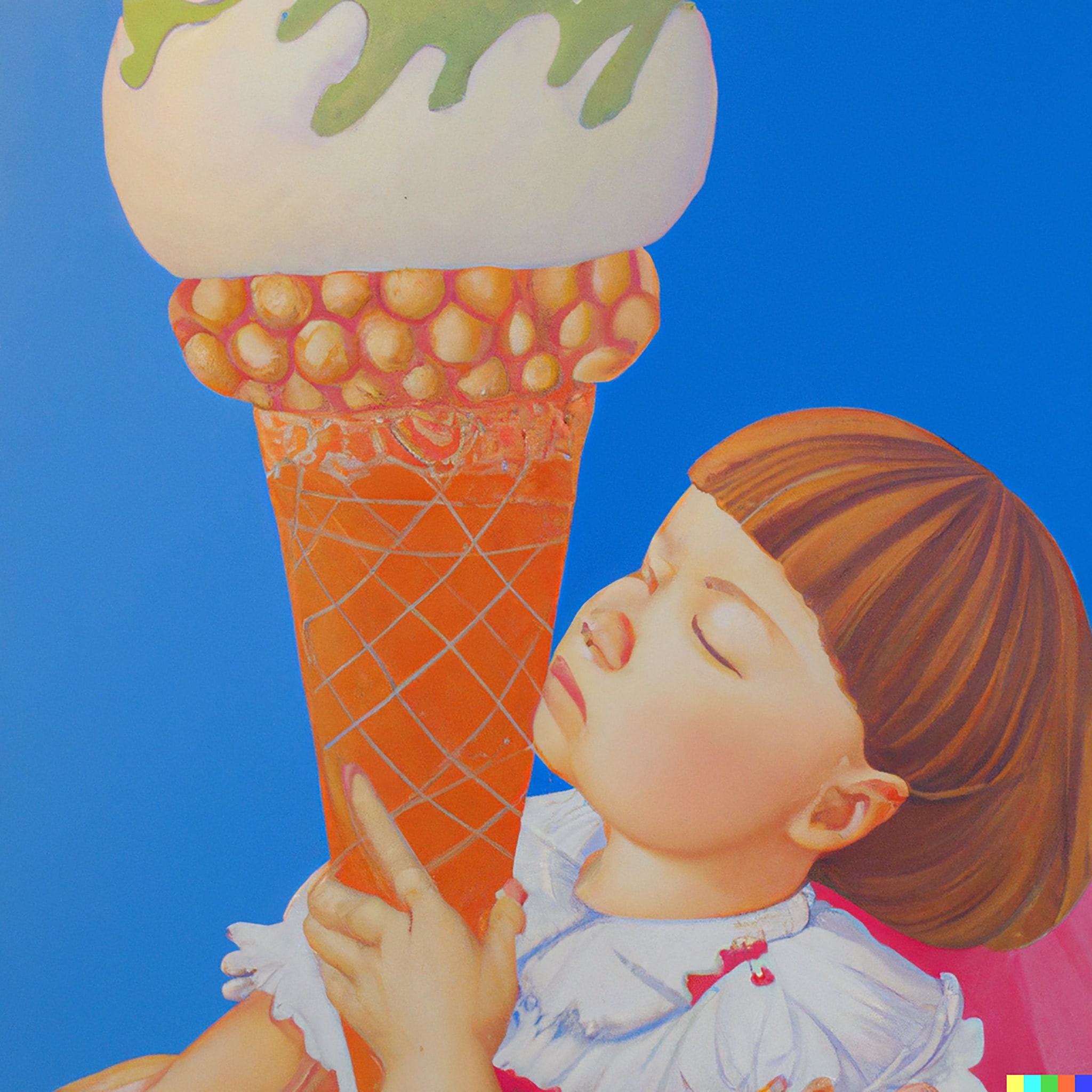 Painting of a young child gazing at a large cartoon ice cream cone.