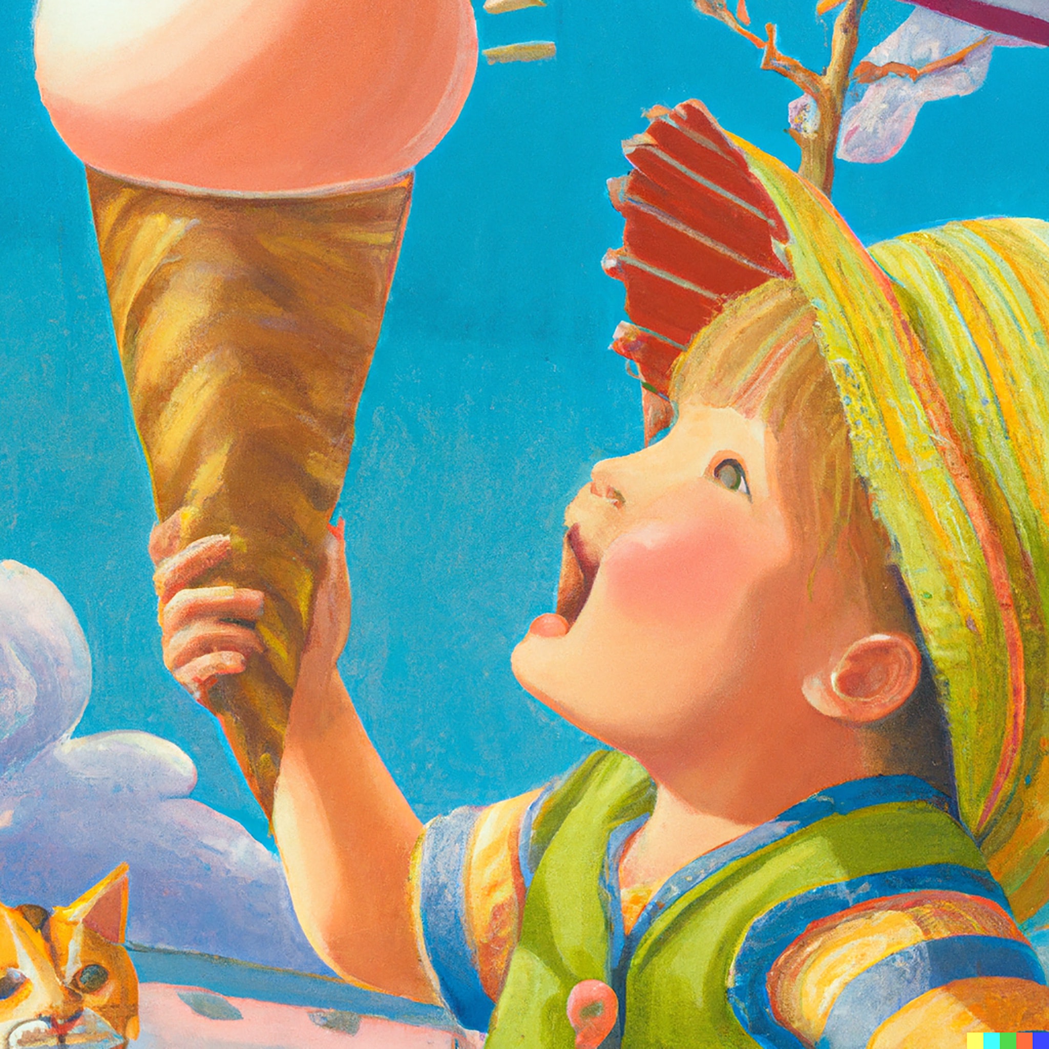 Child in hat holding and looking up at large cartoon ice cream cone.