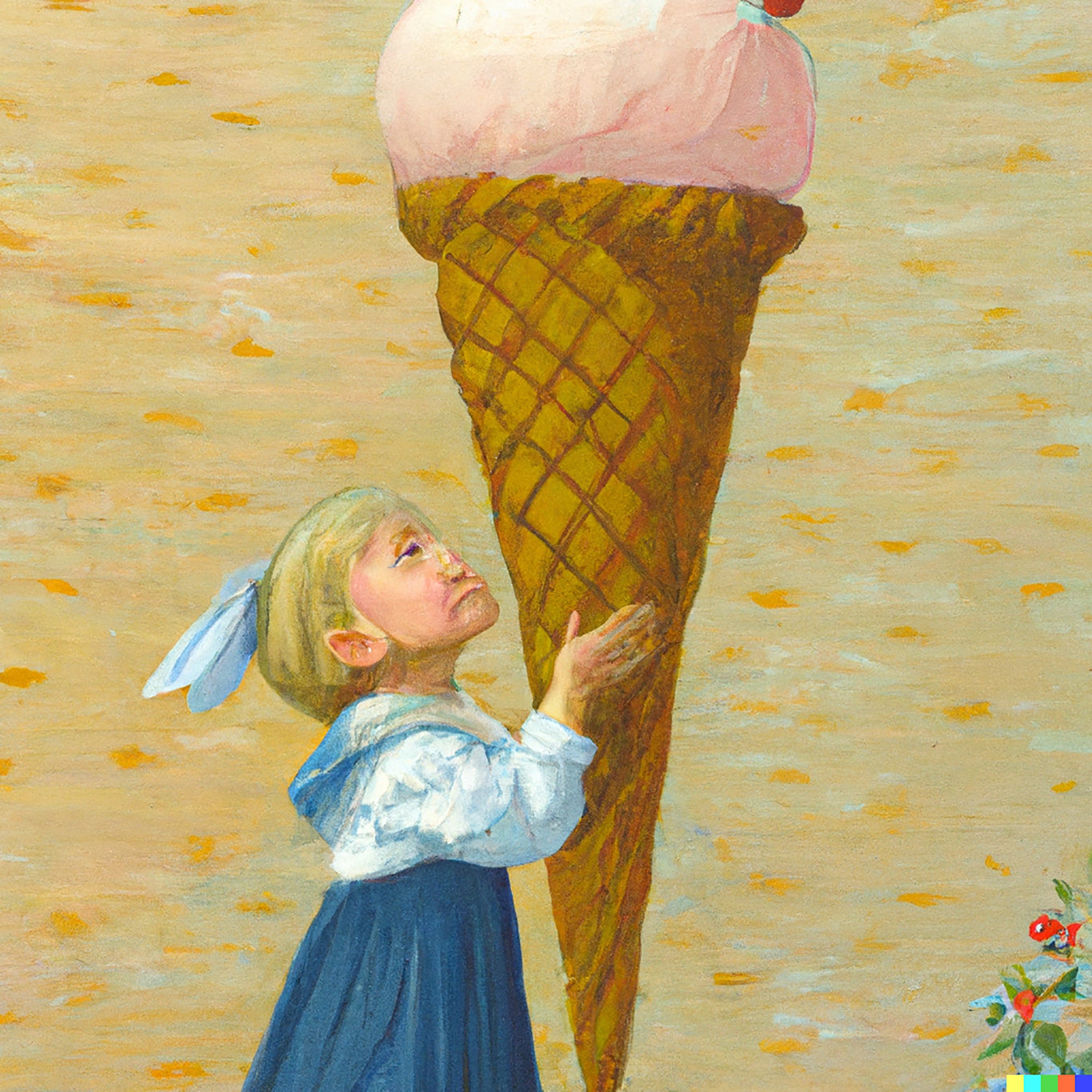 Painting of a child looking up at a giant ice cream cone.
