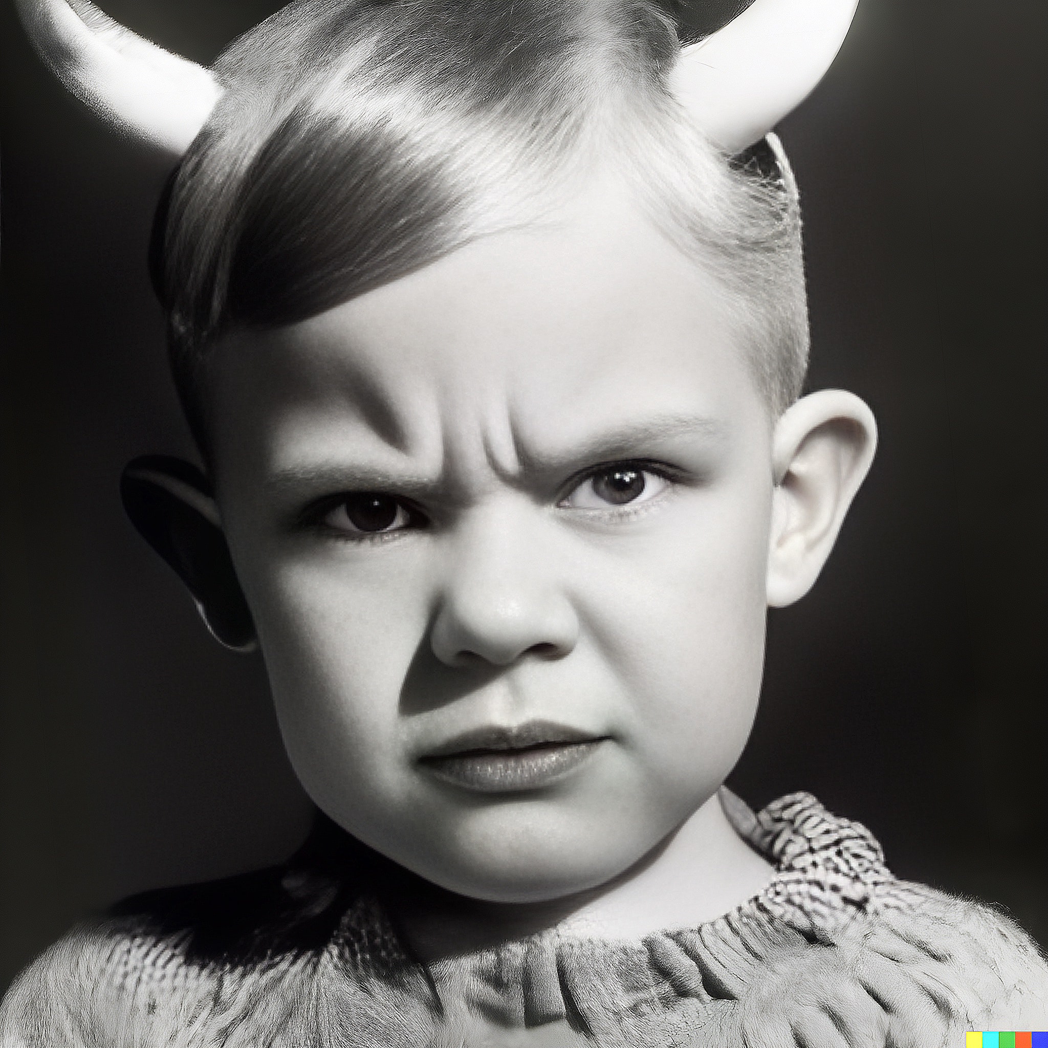 Black and white photo of an angry-looking child wearing devil horns.