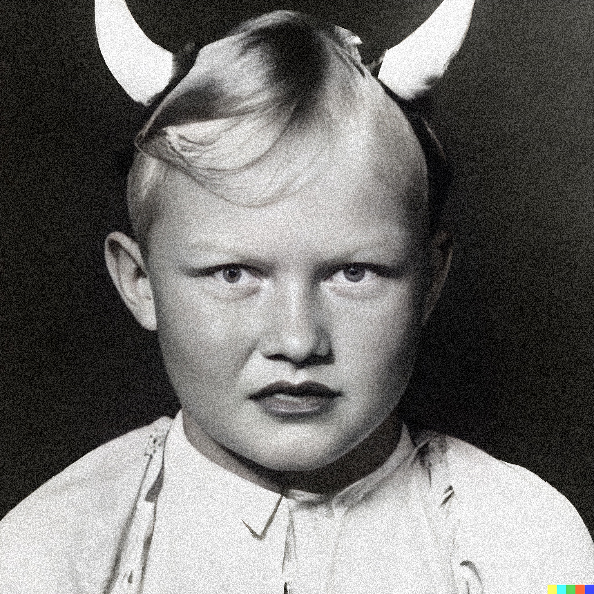 Black and white photo of a child wearing horns.