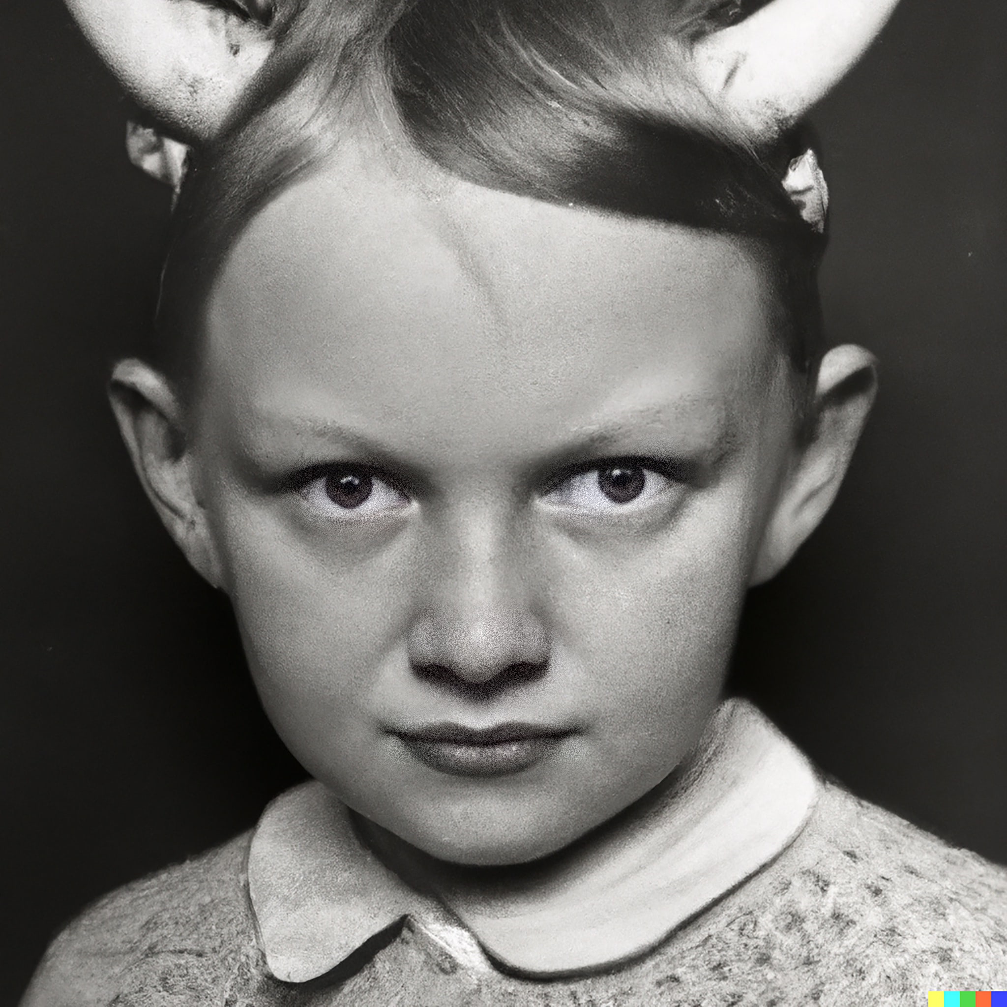 Black and white portrait of a child wearing devil horns.