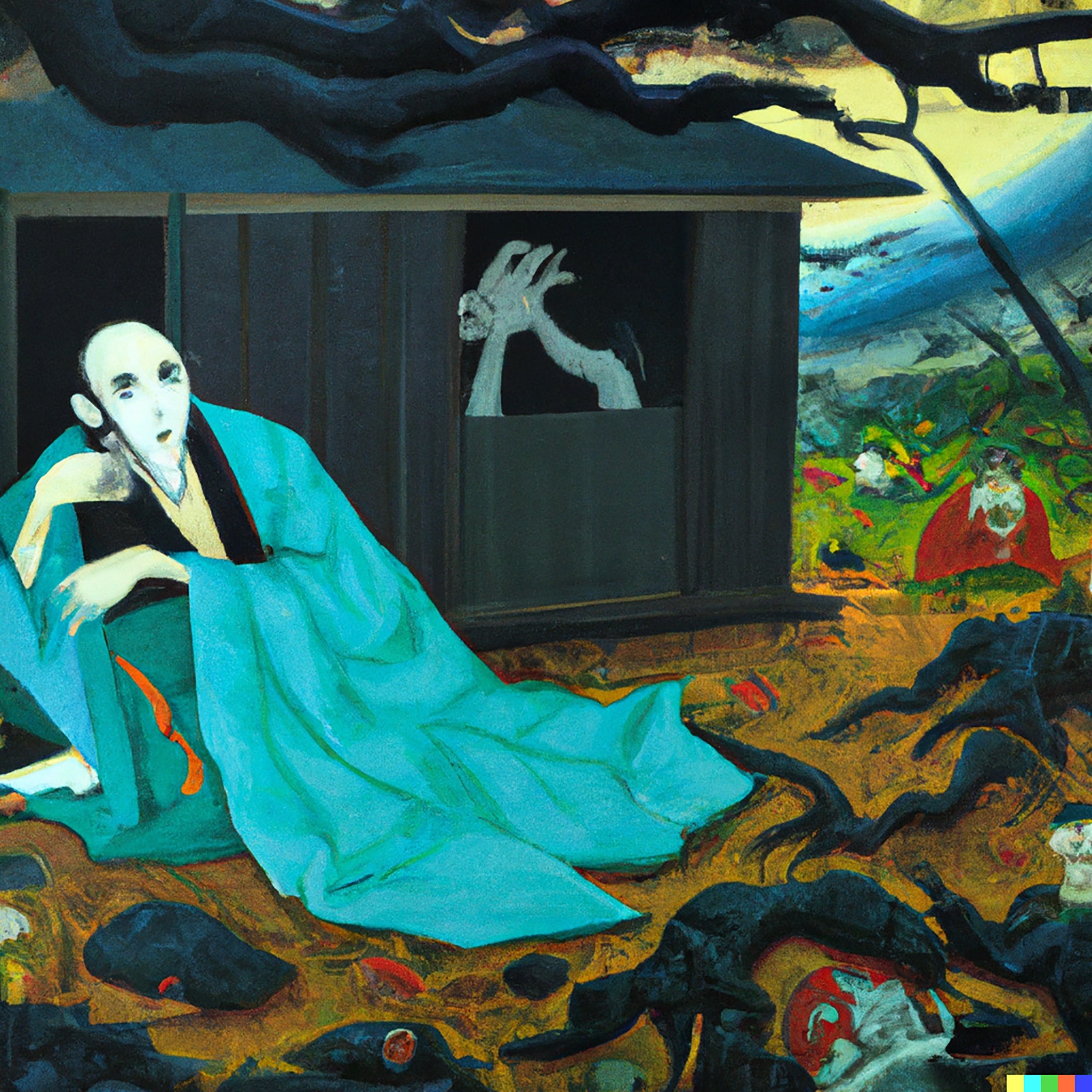 A painting depicting a man in a teal robe seated outside a dark structure, with a ghostly hand visible in a window and shadowy figures in the background.