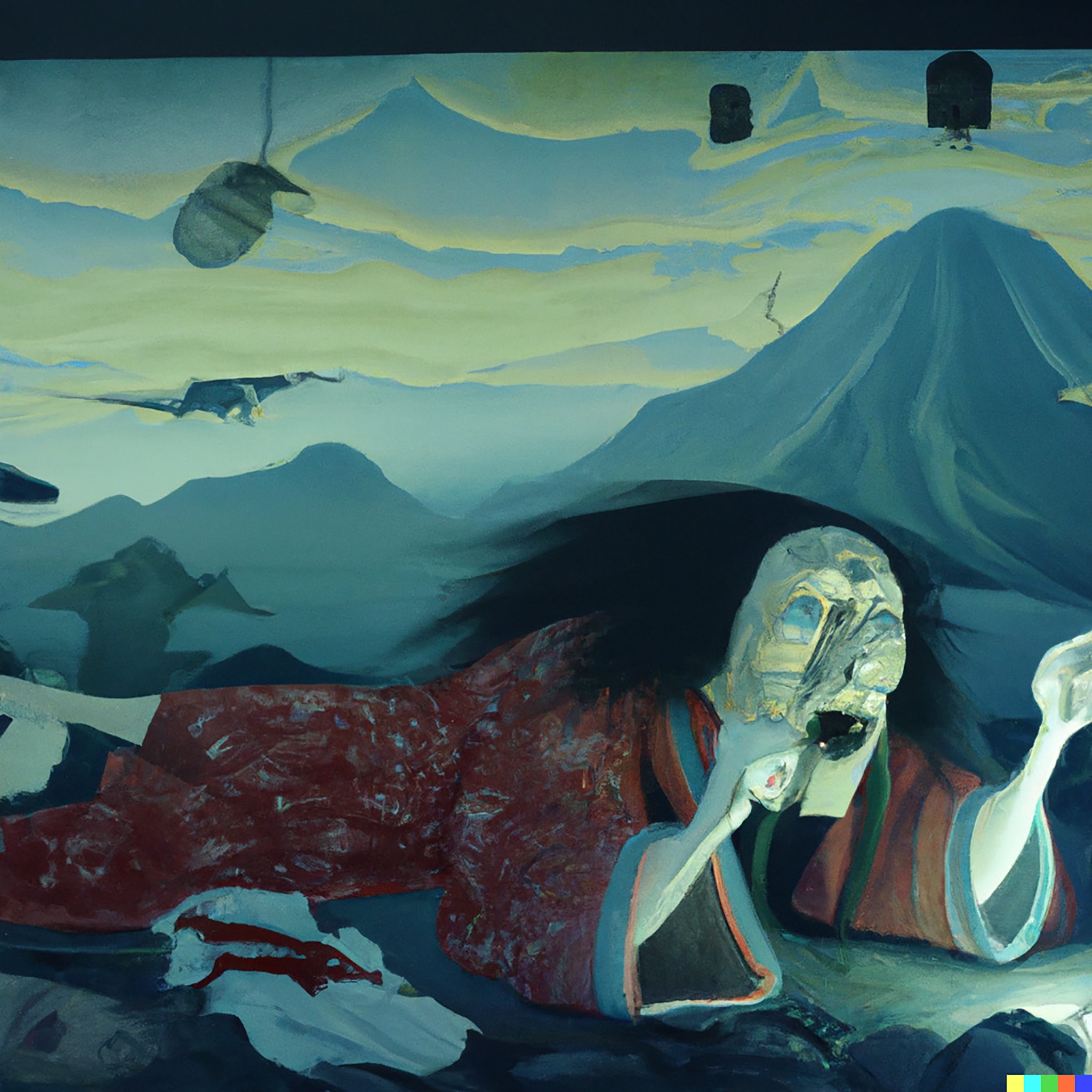 A painting of a ghostly figure in traditional Japanese clothing, possibly inspired by Nosferatu, before a mountainous landscape.