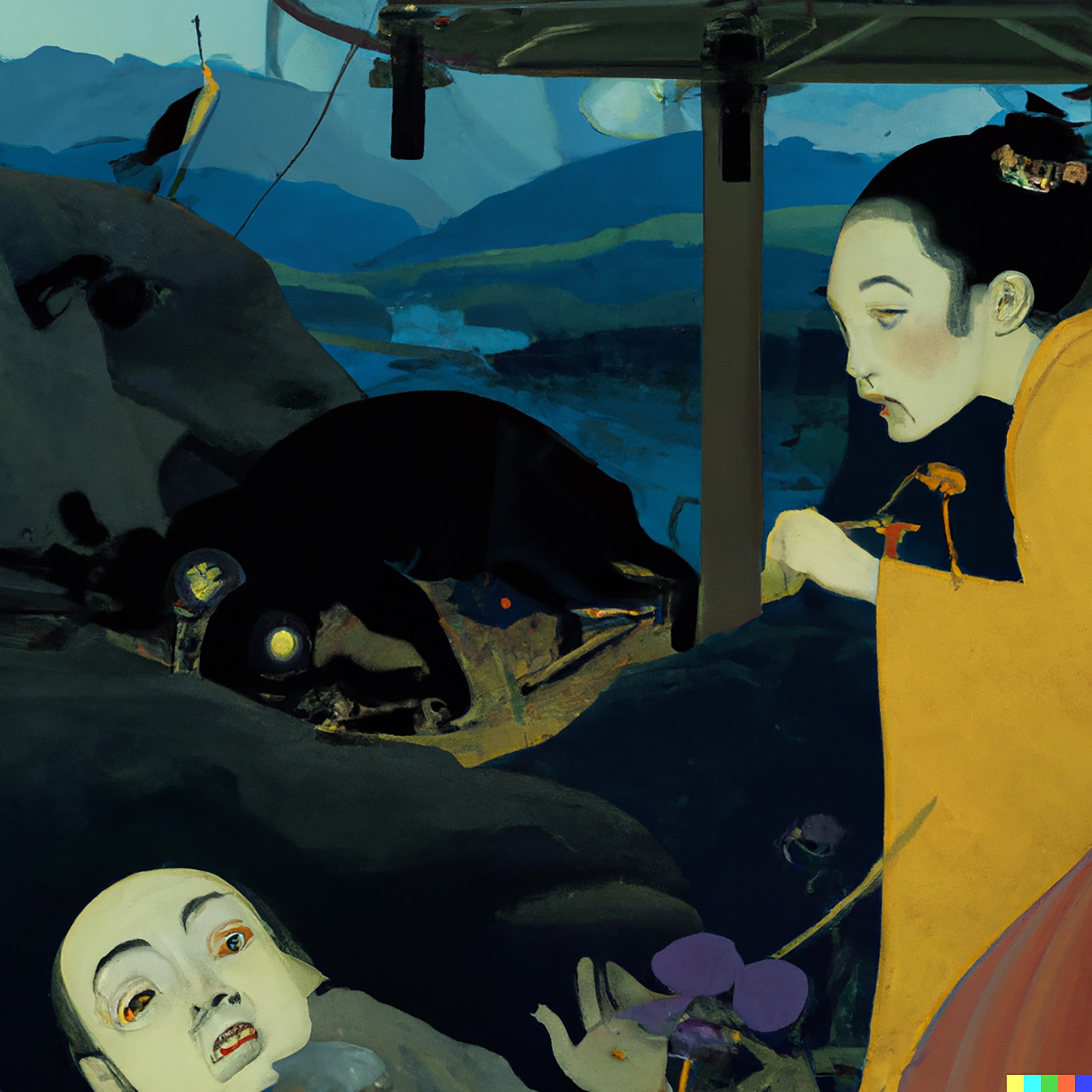 A painting depicting a woman in yellow robes, a prone figure with a pale mask-like face, and a dark, shadowy figure resembling a dog or wolf. The background is a moody, dark landscape.