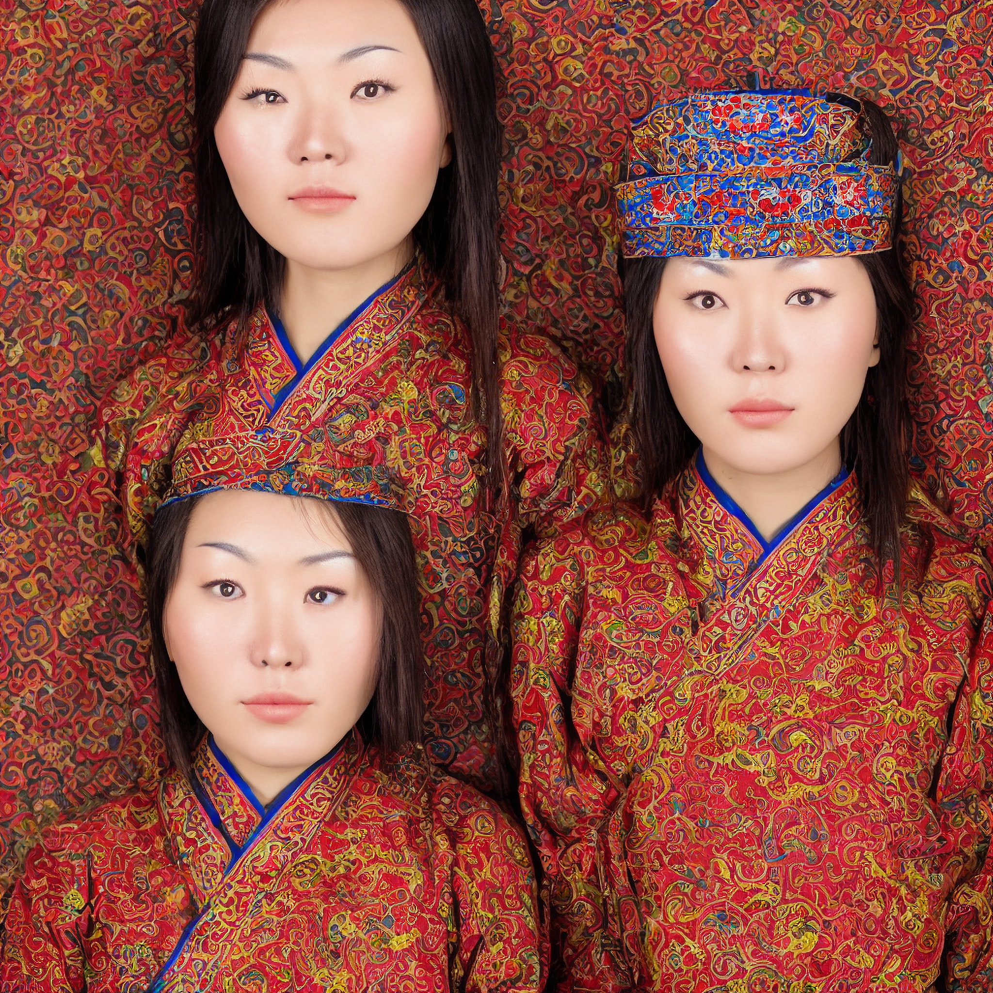 Three young women in ornate Mongolian dresses.